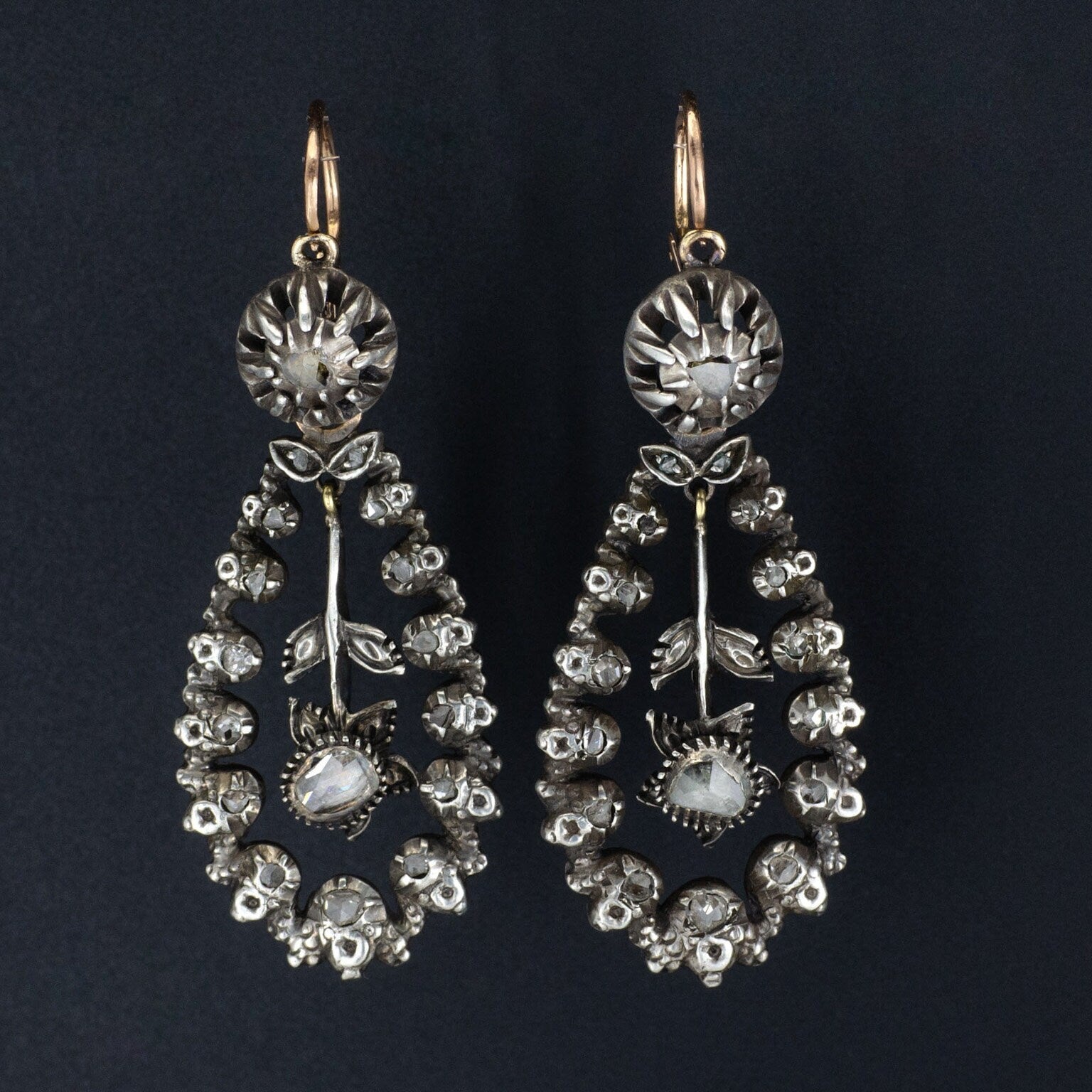 Antique Diamond Earrings of Silver with 14k Rose Gold