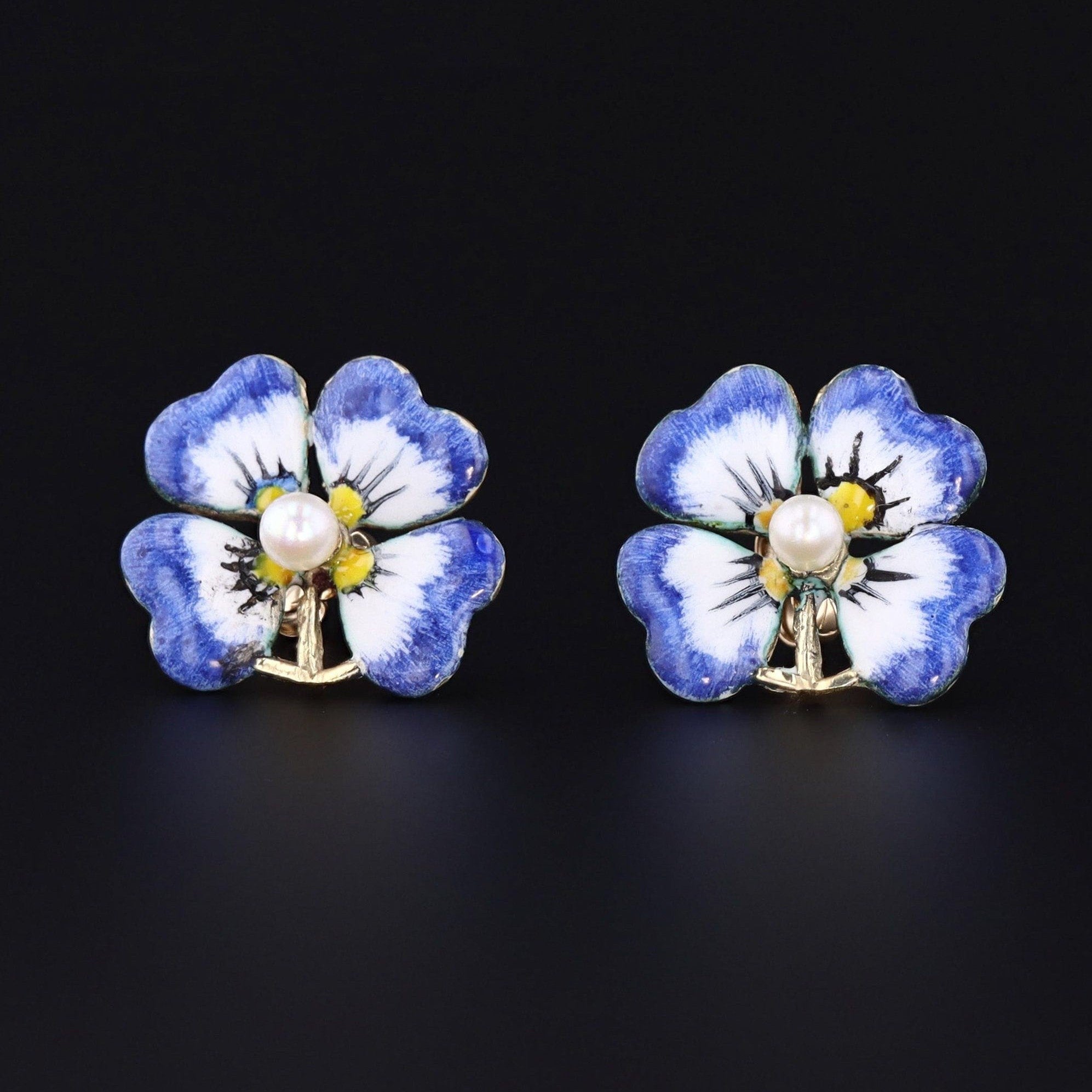Antique Enamel and Pearl Pansy Earrings 14k Gold