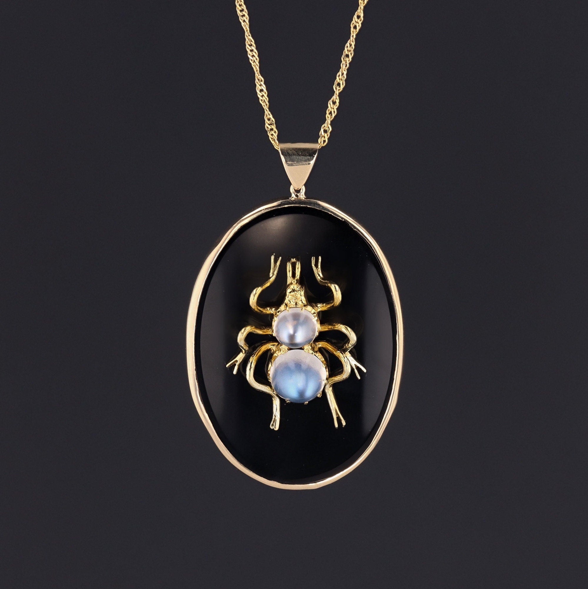 Vintage Onyx and Moonstone Insect Pendant of 14k Gold