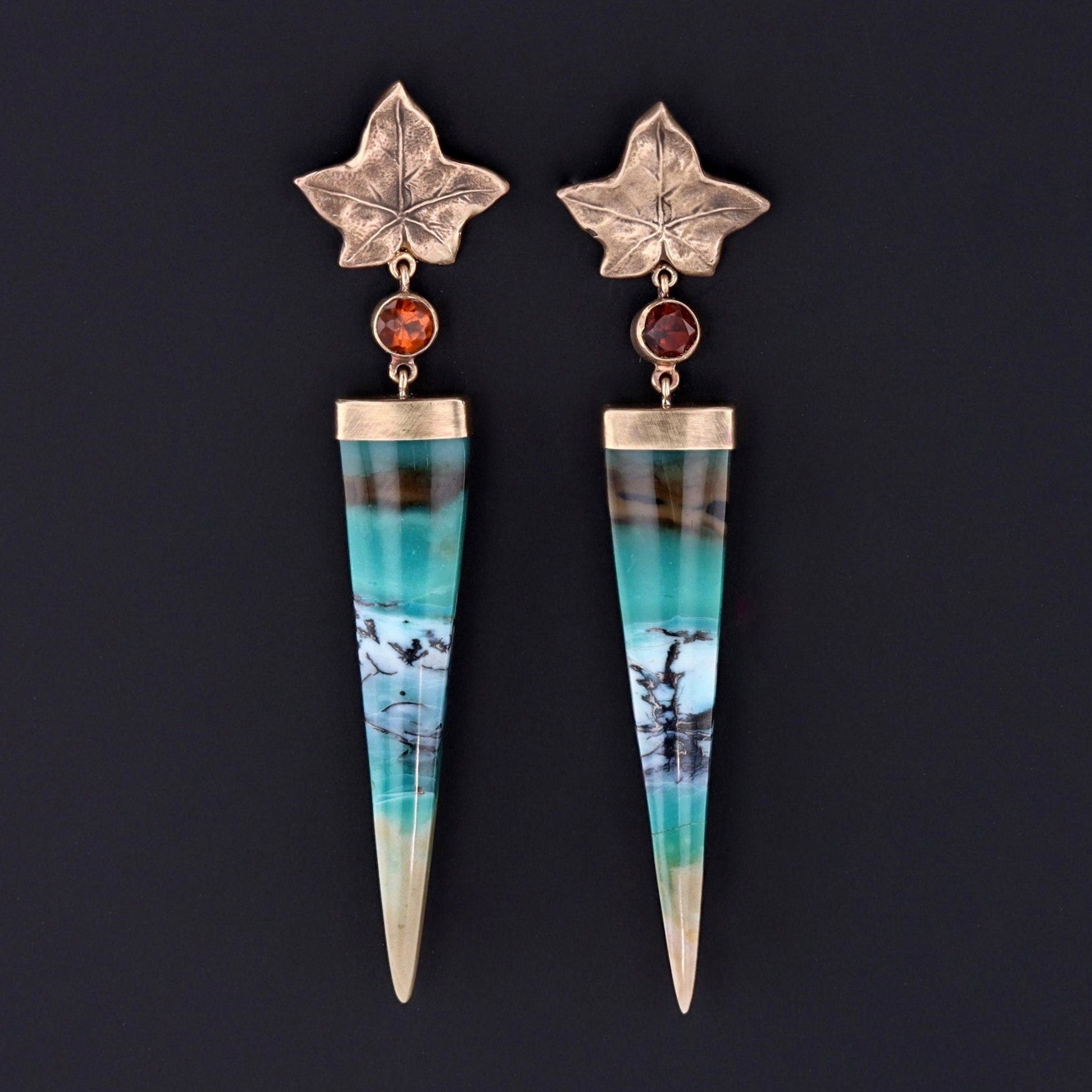 Ivy Earrings of Petrified Opalized Wood and 14k Gold