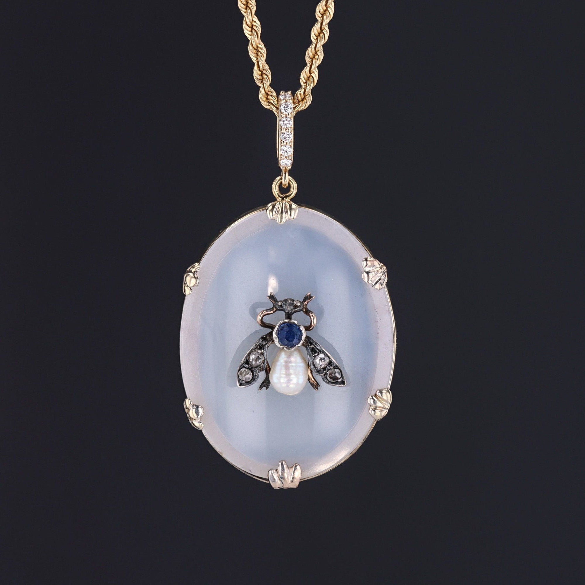 Antique Chalcedony and Gemstone Bug Pendant on 14k Gold
