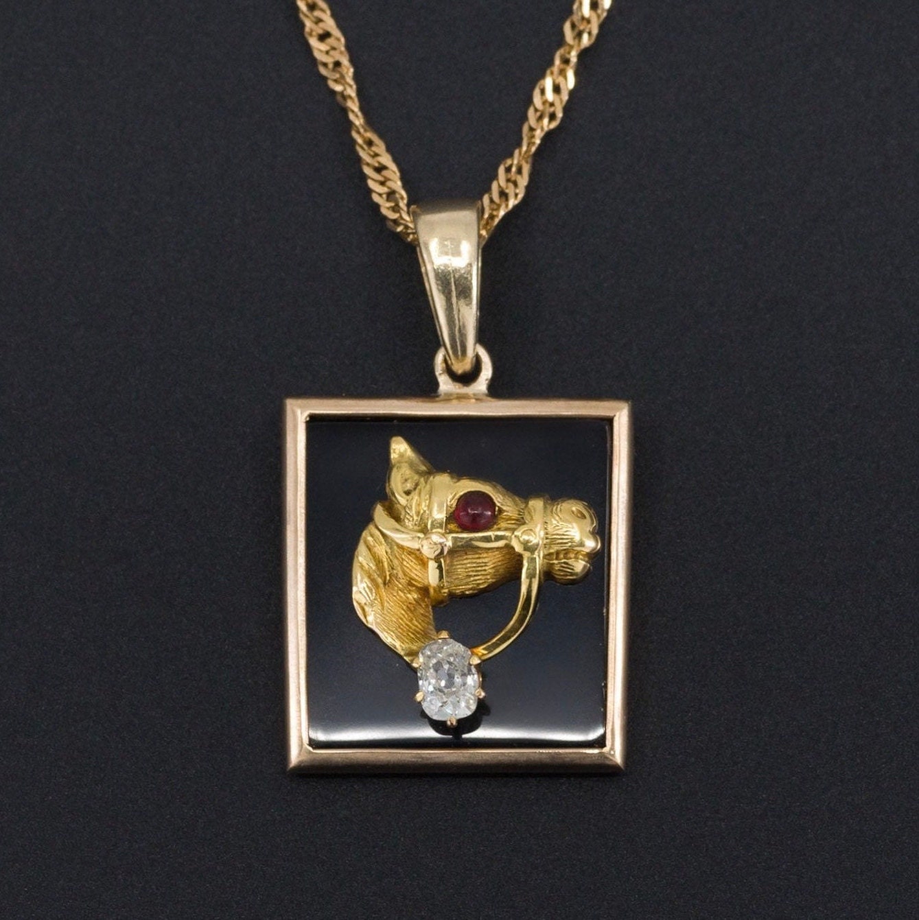 Antique Diamond and Onyx Horse Pendant of 14k Gold