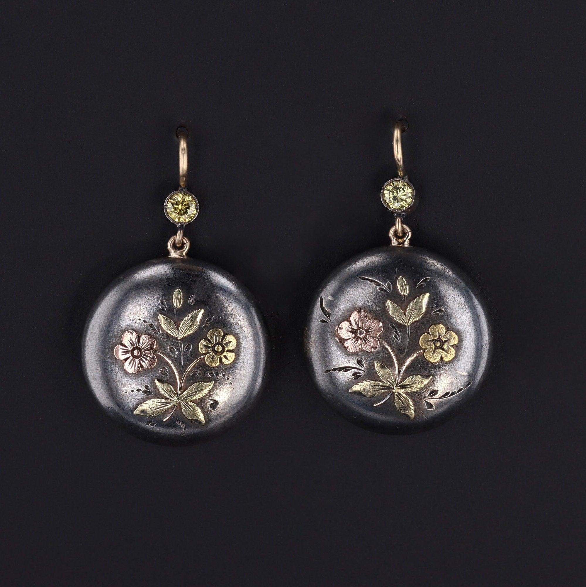 Antique Shakudo Earrings with Diamonds and 14k Ear Wires