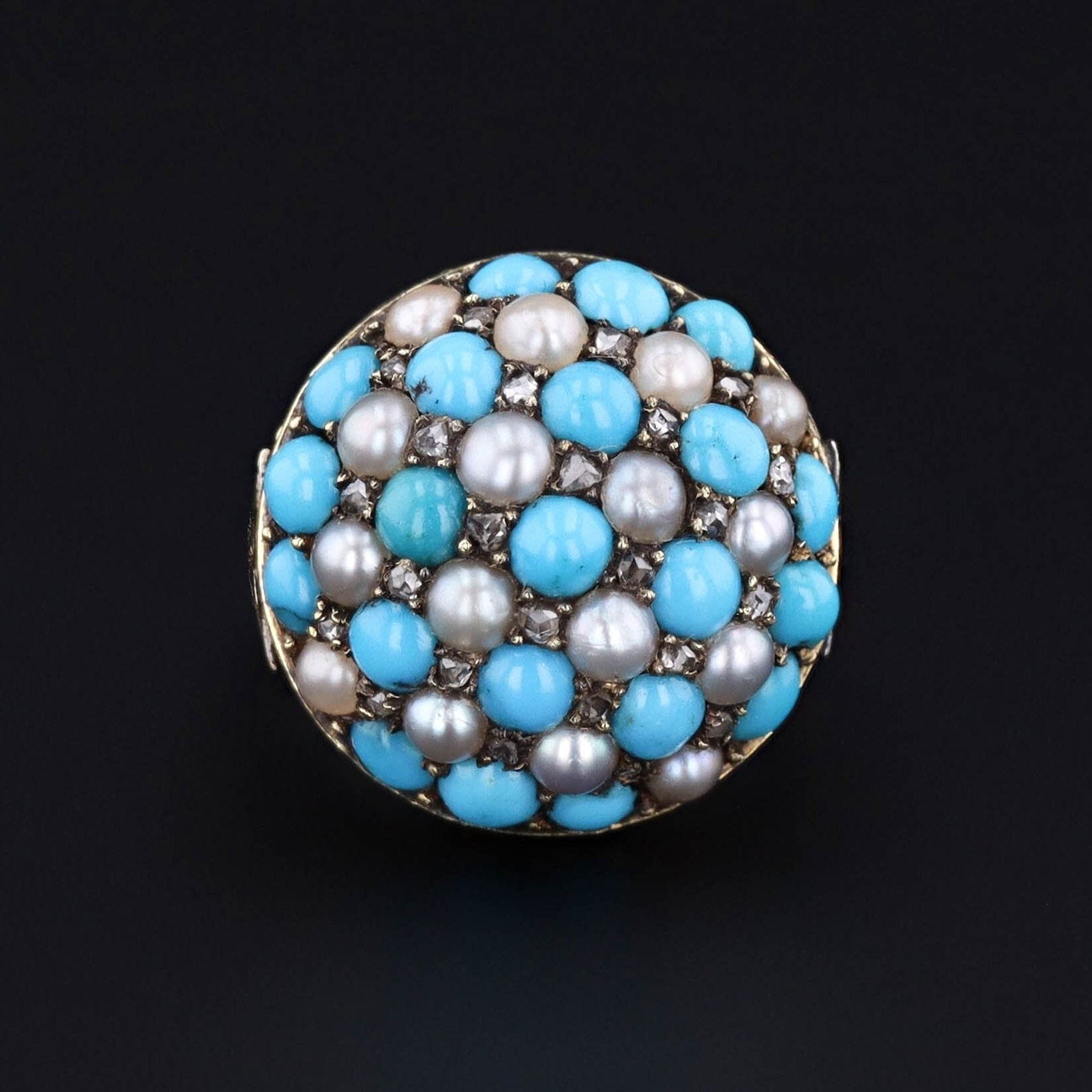 Antique Turquoise Diamond and Pearl Checkerboard Ring of 14k Gold