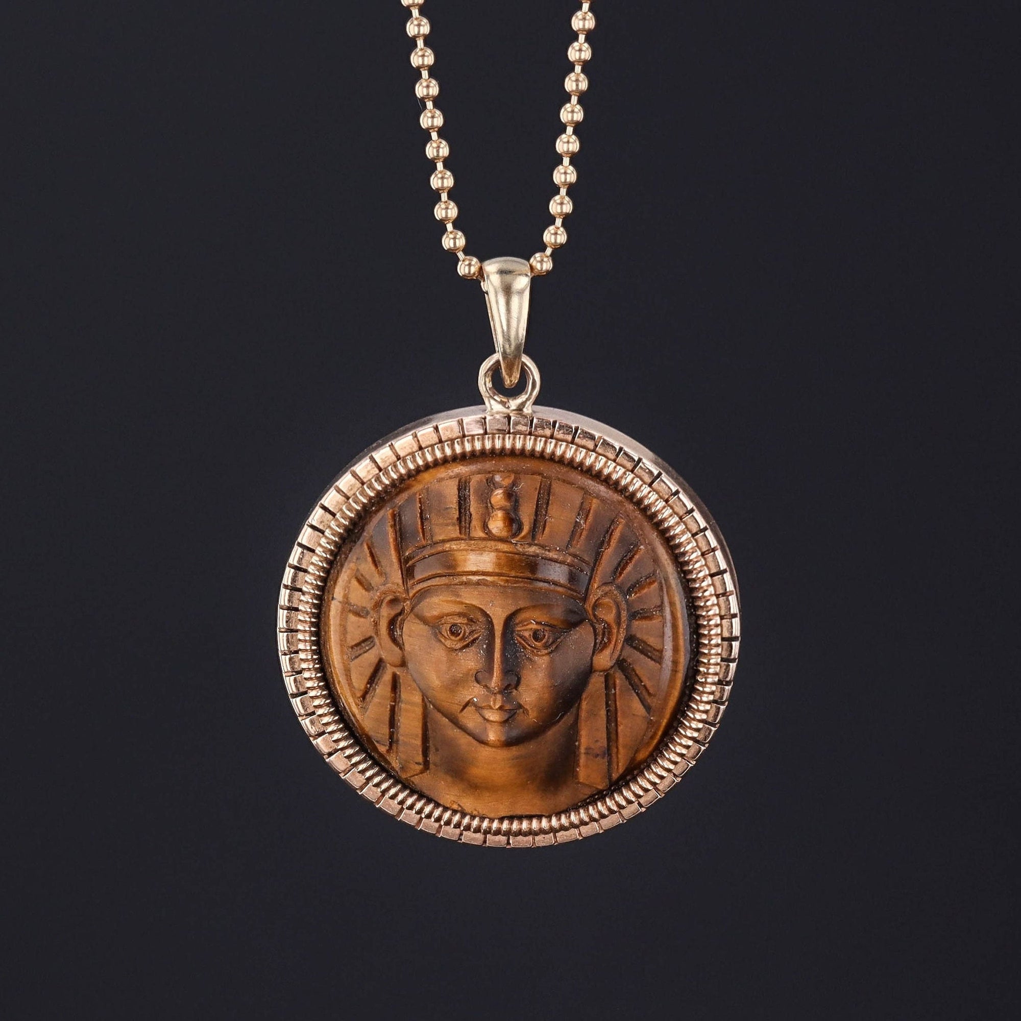 Antique Carved Tiger's Eye Pharaoh Pendant of 14k Gold