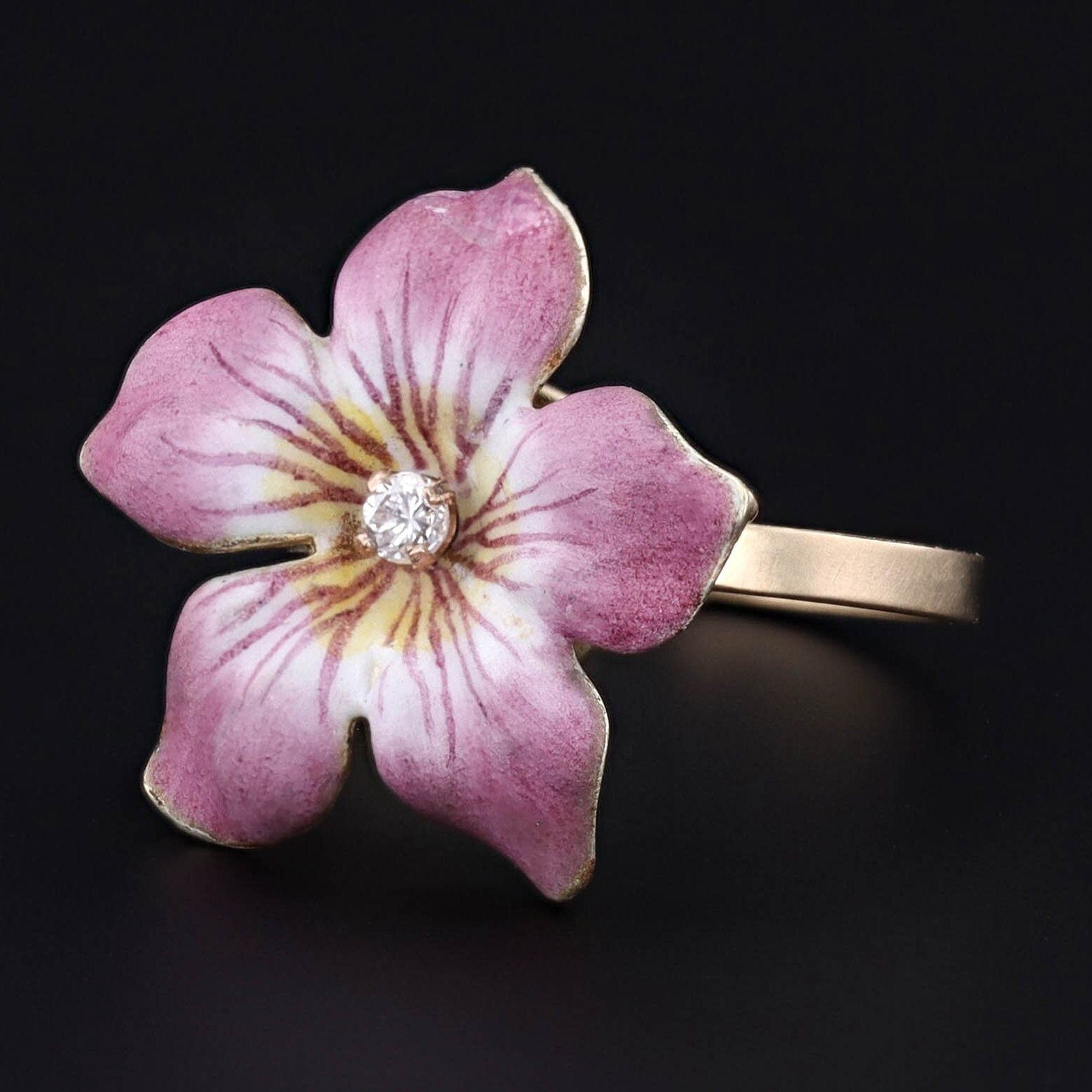 Vintage Pink Enamel Flower Conversion Ring of 14k Gold