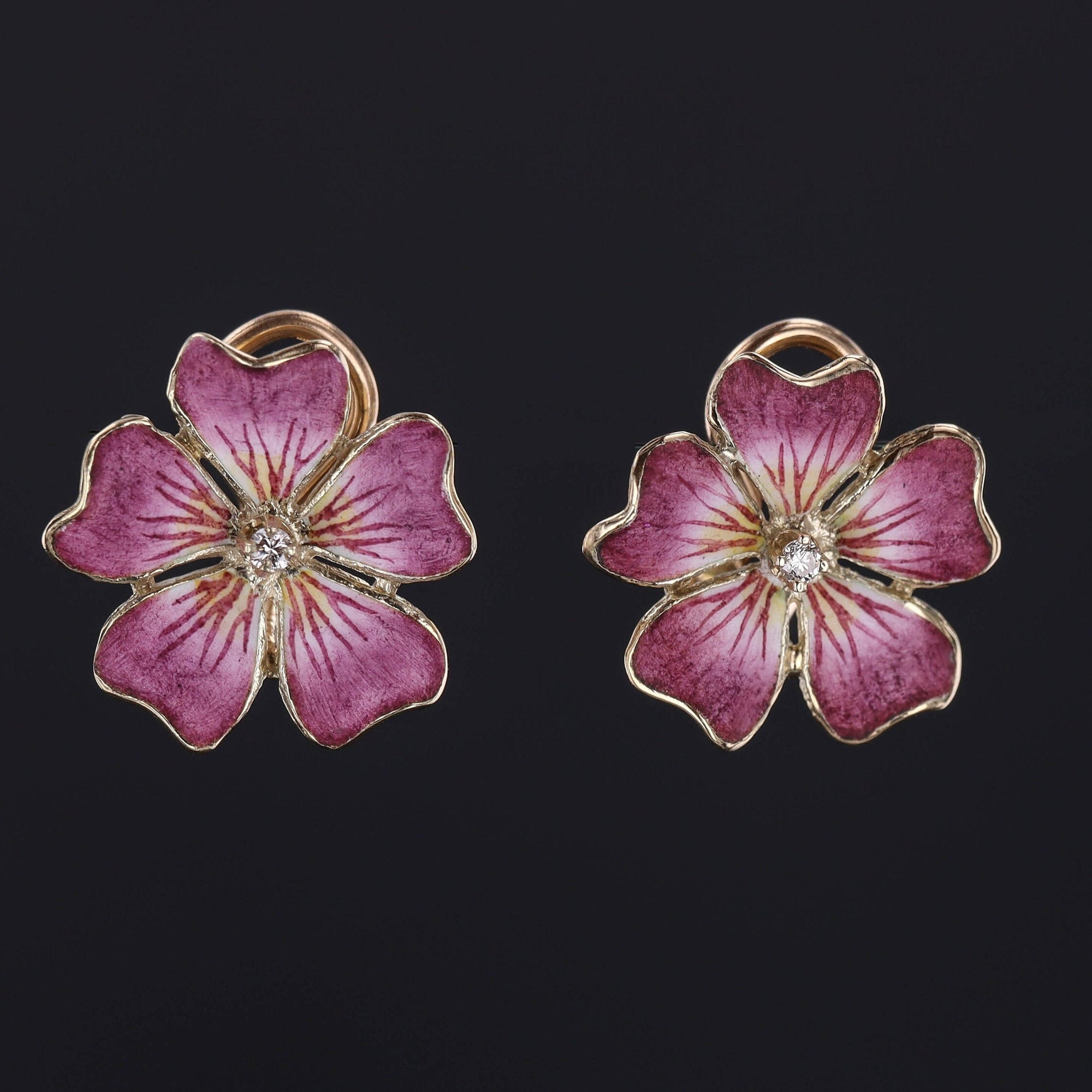Vintage Enamel Flower Earrings of 14k Gold