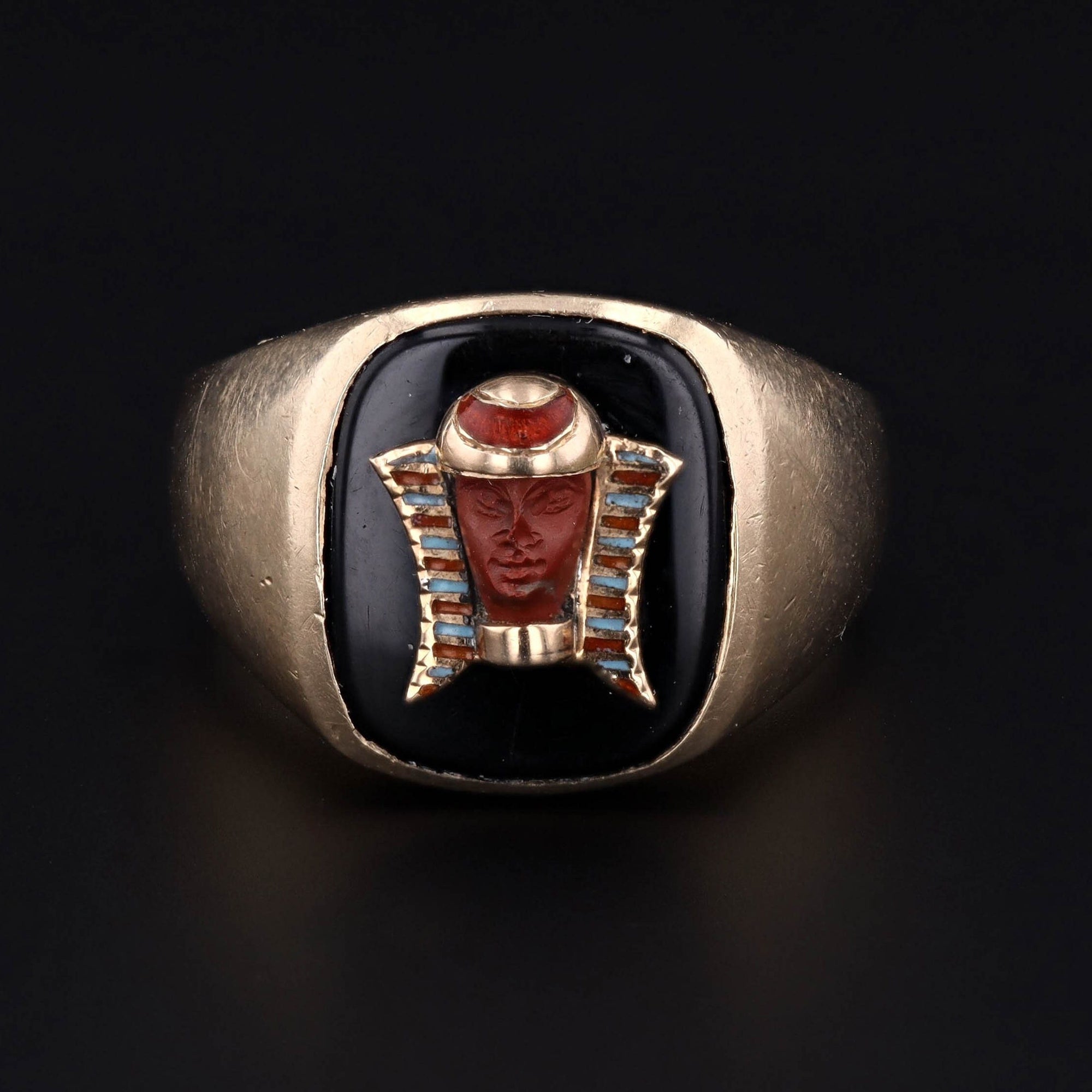 Vintage Enamel Egyptian Revival Pharaoh Conversion Ring of 10k Gold