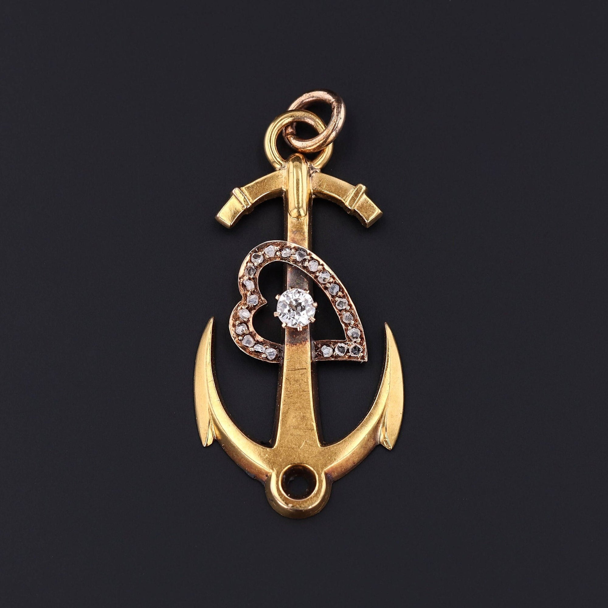 Antique Anchor with Diamond Heart Pendant of 18k Gold