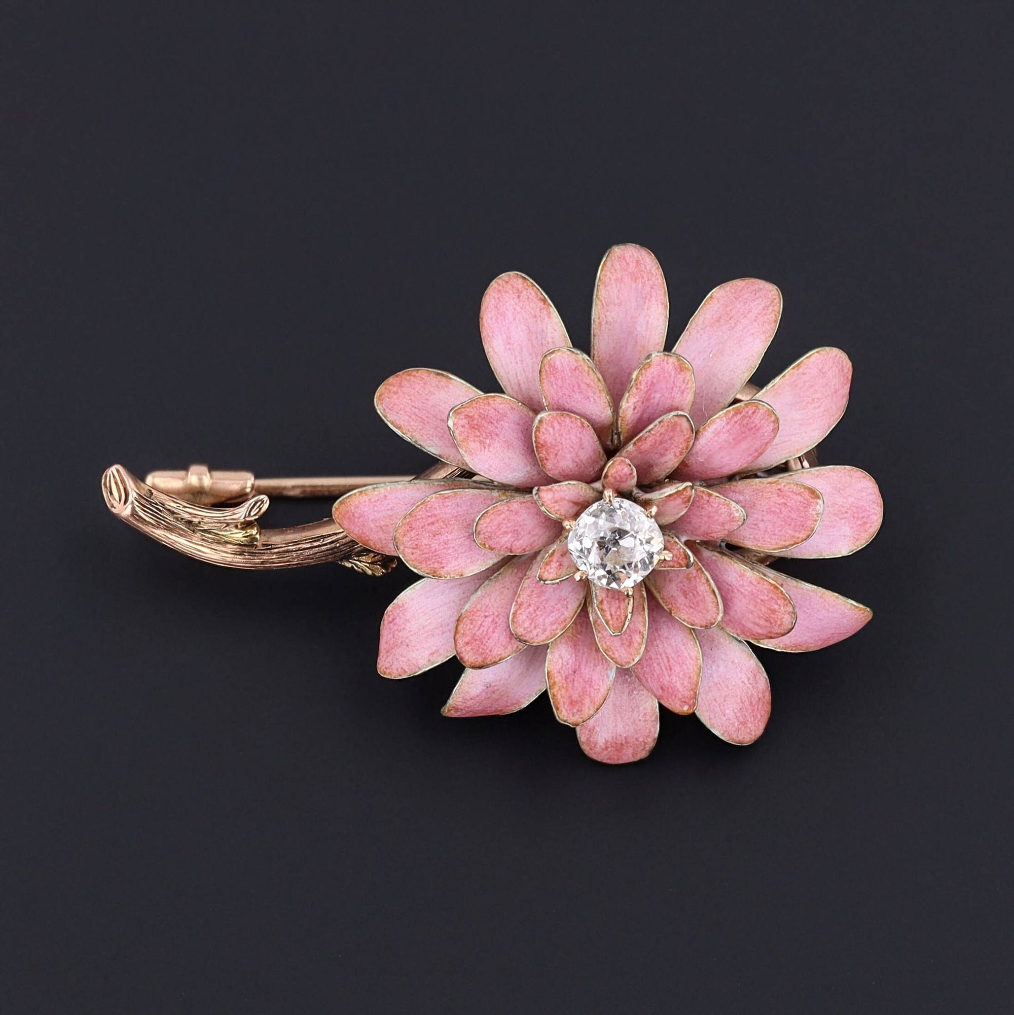 Antique Pink Enamel and Diamond Flower Brooch of 14k Gold