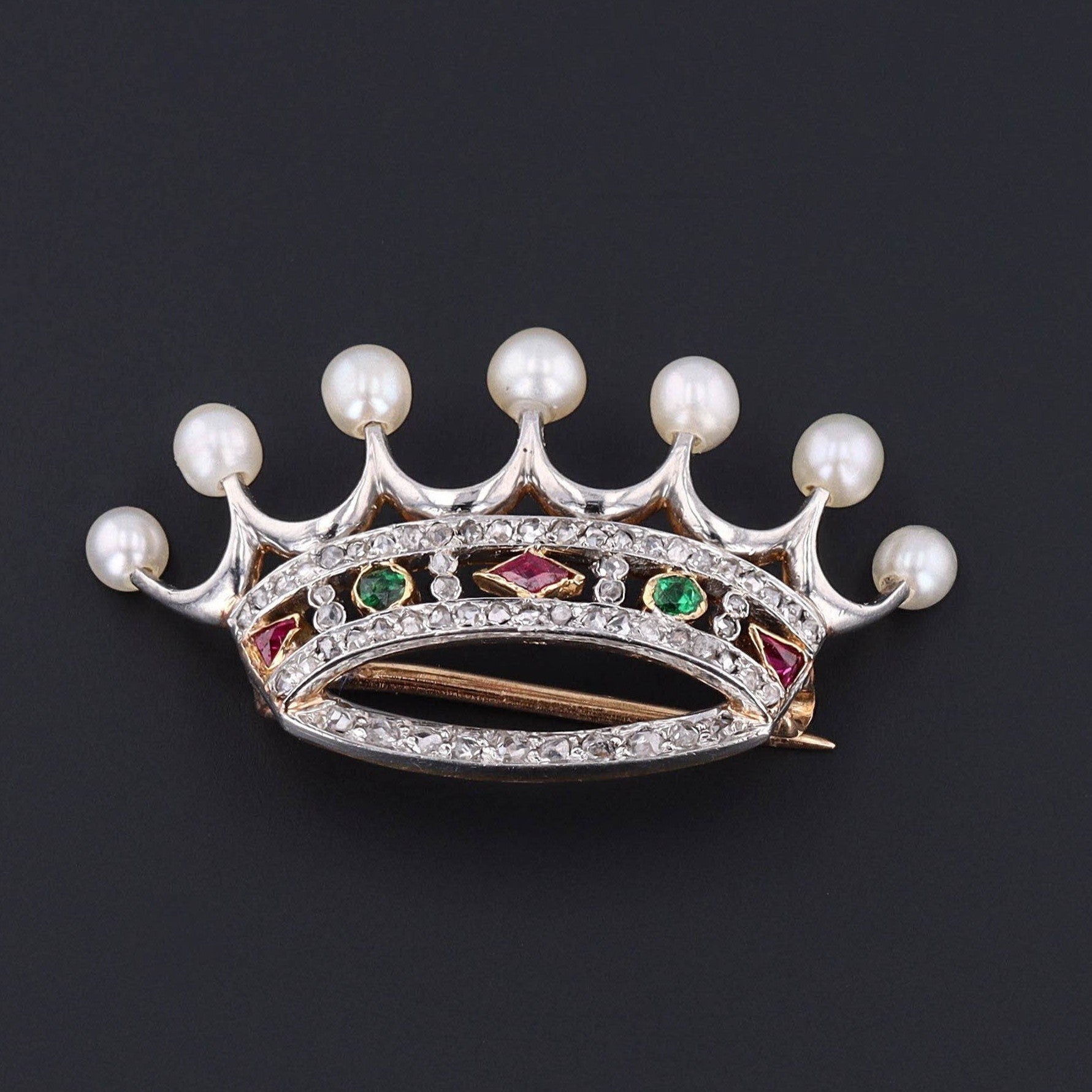 Antique Diamond and Pearl Crown Brooch