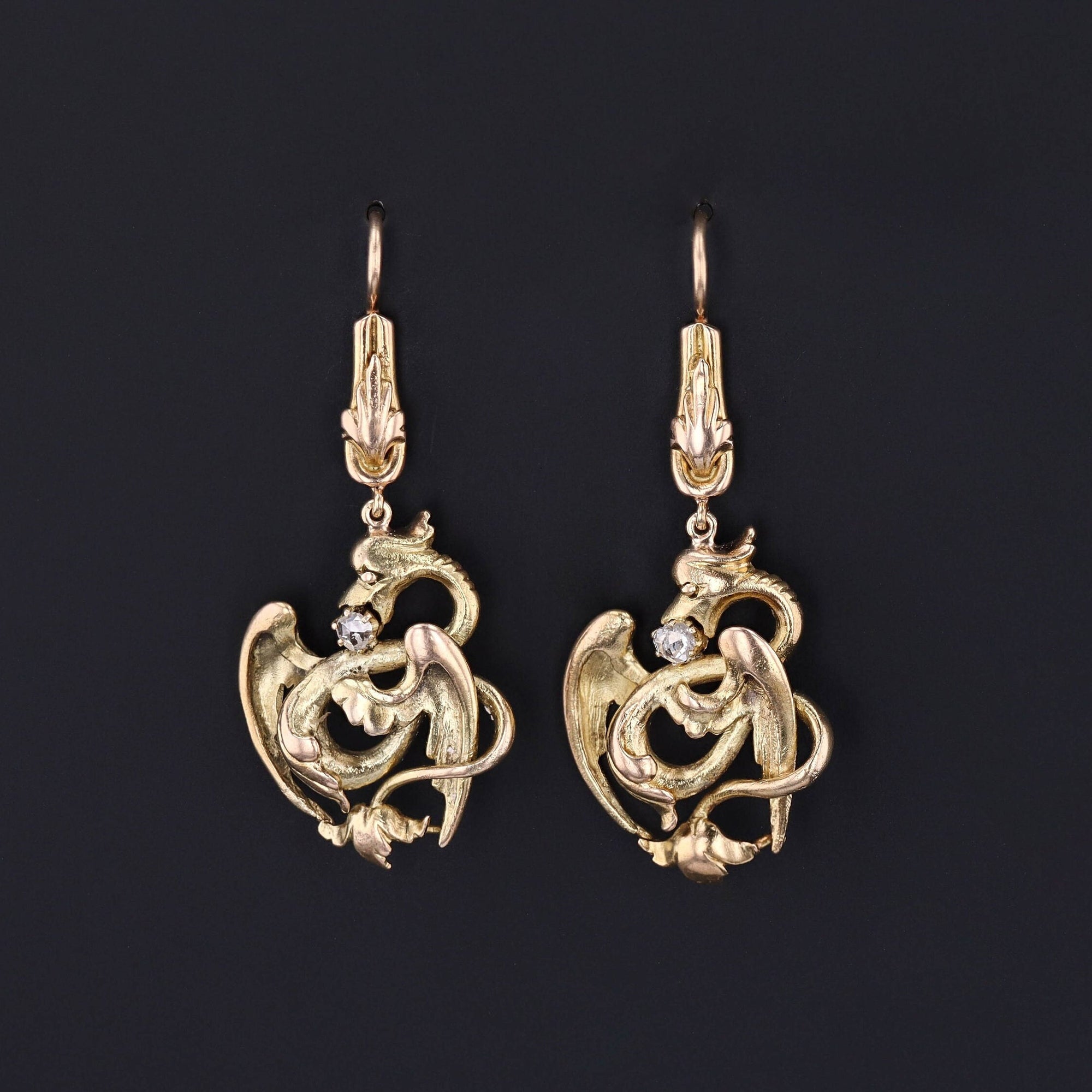 Antique Dragon Conversion Earrings of 14k Gold