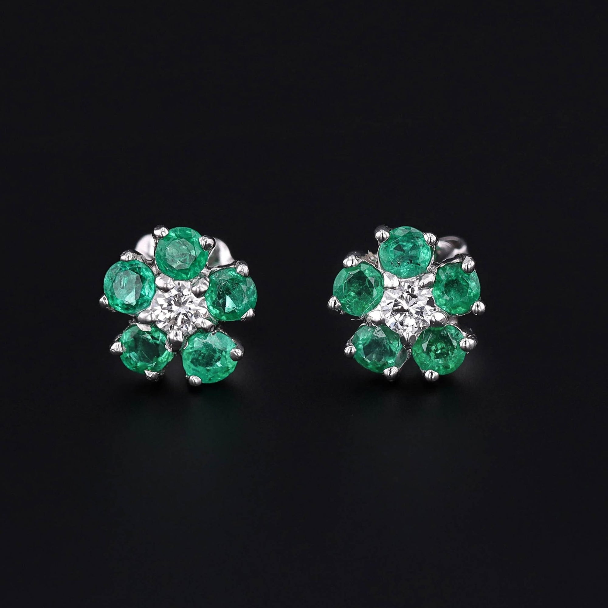 Vintage Emerald and Diamond Flower Stud Earrings
