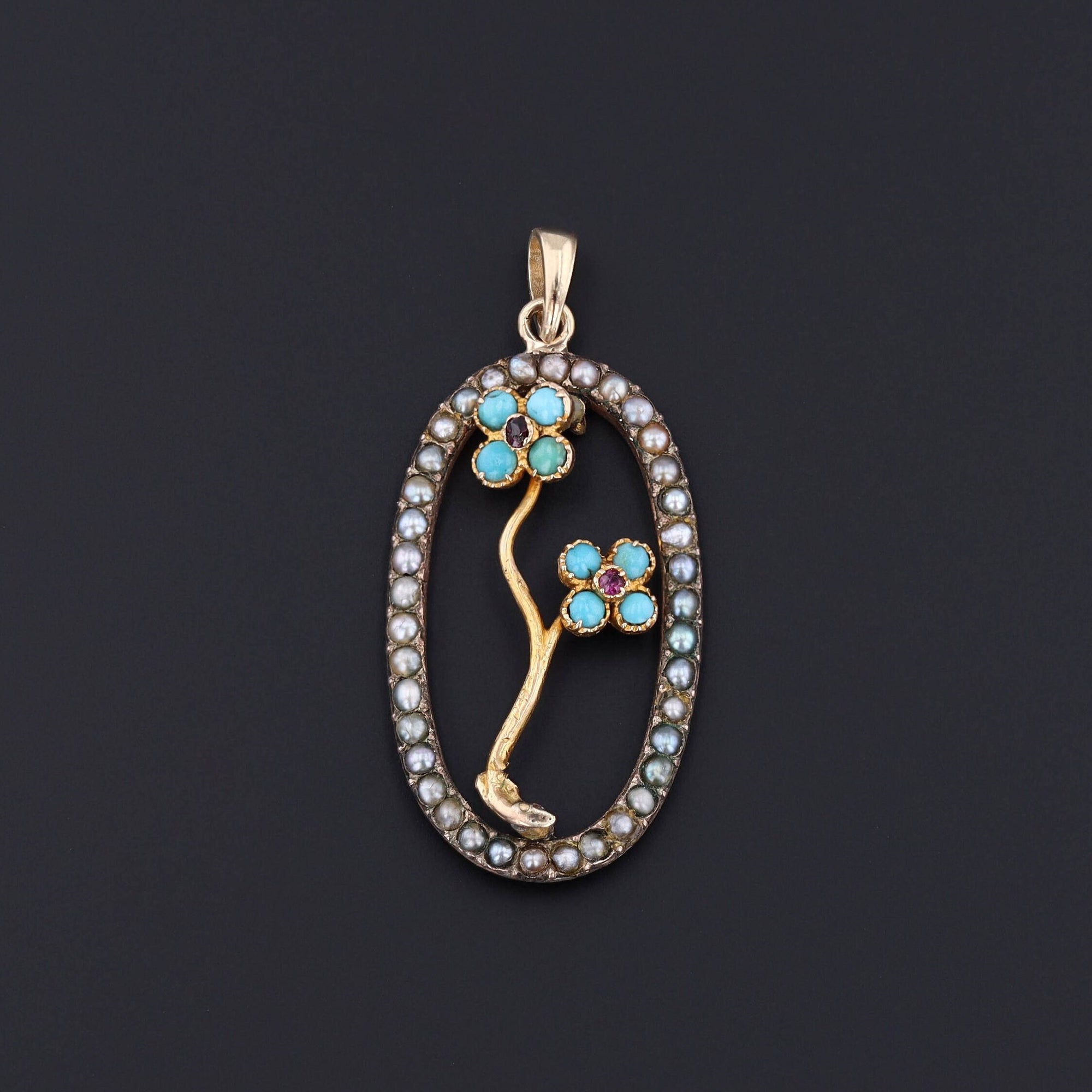 Antique Turquoise Forget-Me-Not Conversion Pendant of 14k Gold
