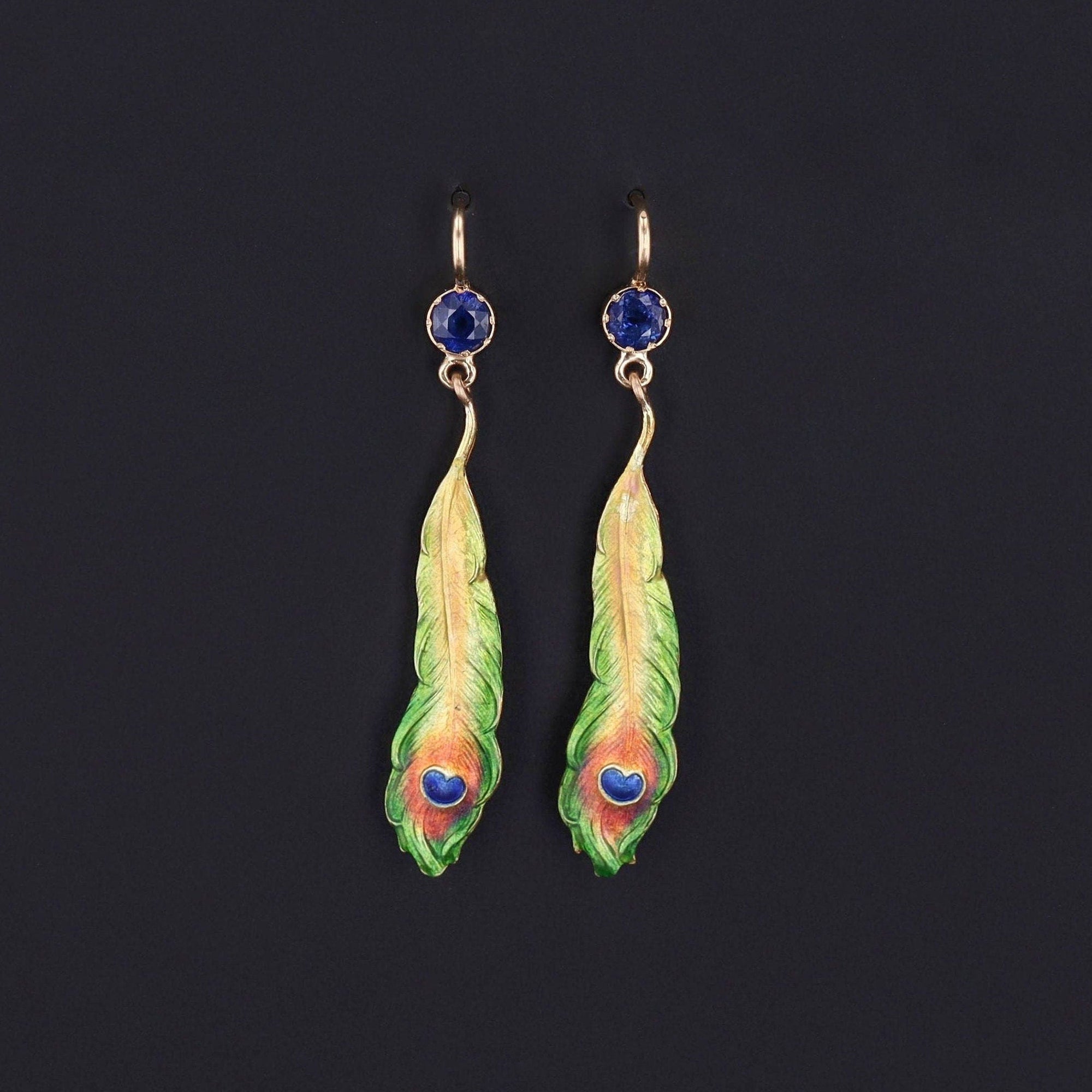Antique Enamel Peacock Feather and Sapphire Conversion Earrings of 14k Gold