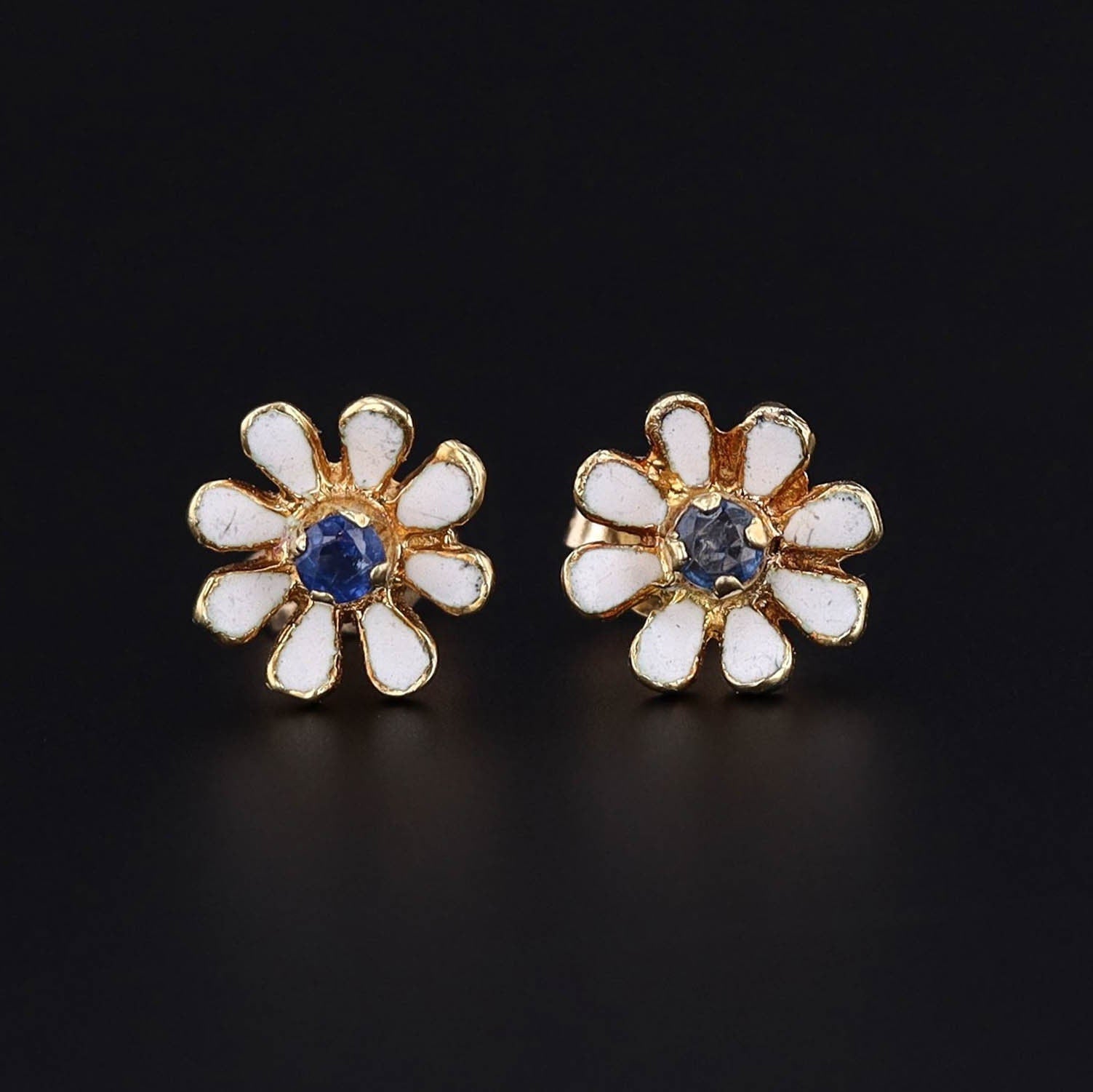 Vintage Sapphire and Enamel Flower Earrings of 14k Gold