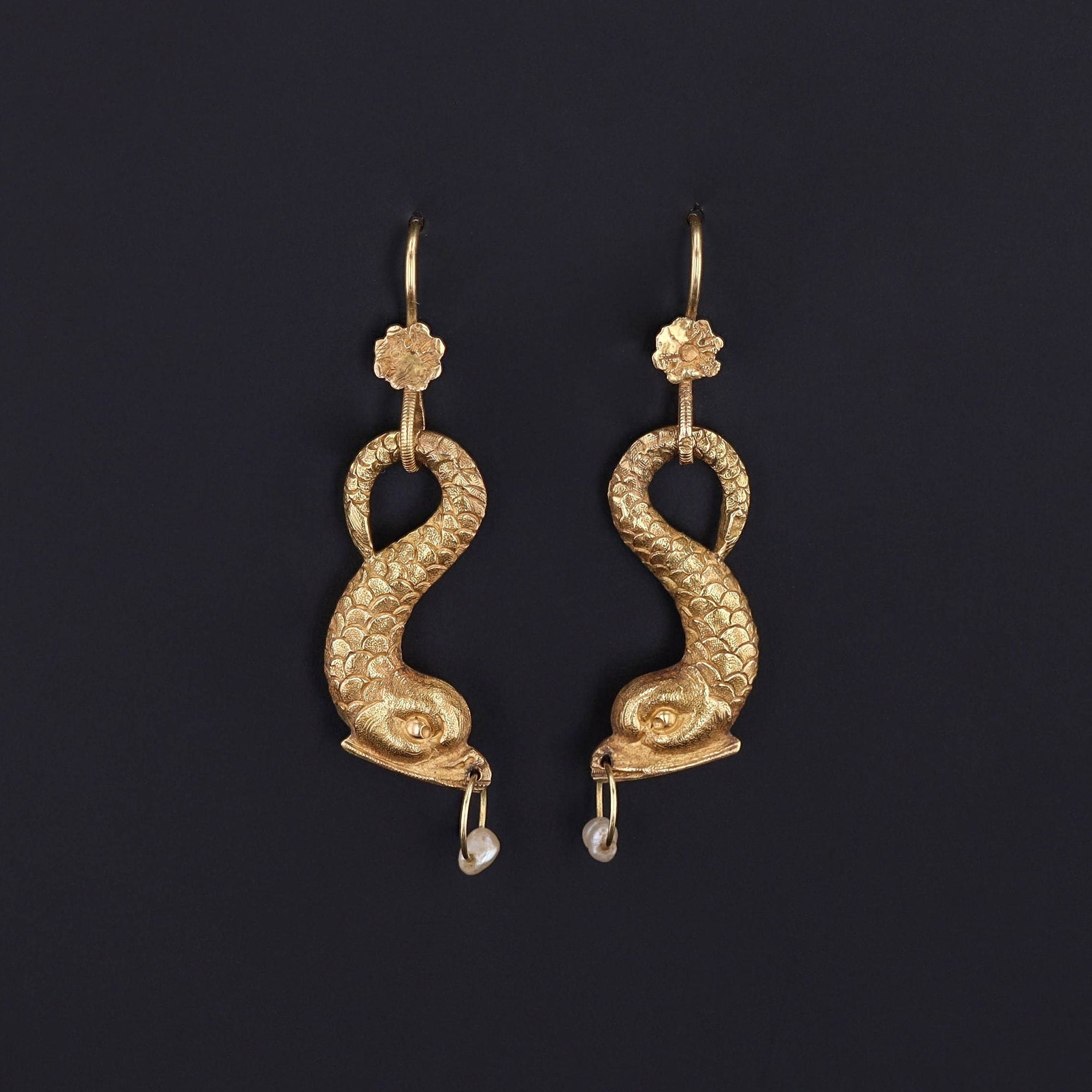 Vintage Fish with Pearl Earrings of 18k Gold