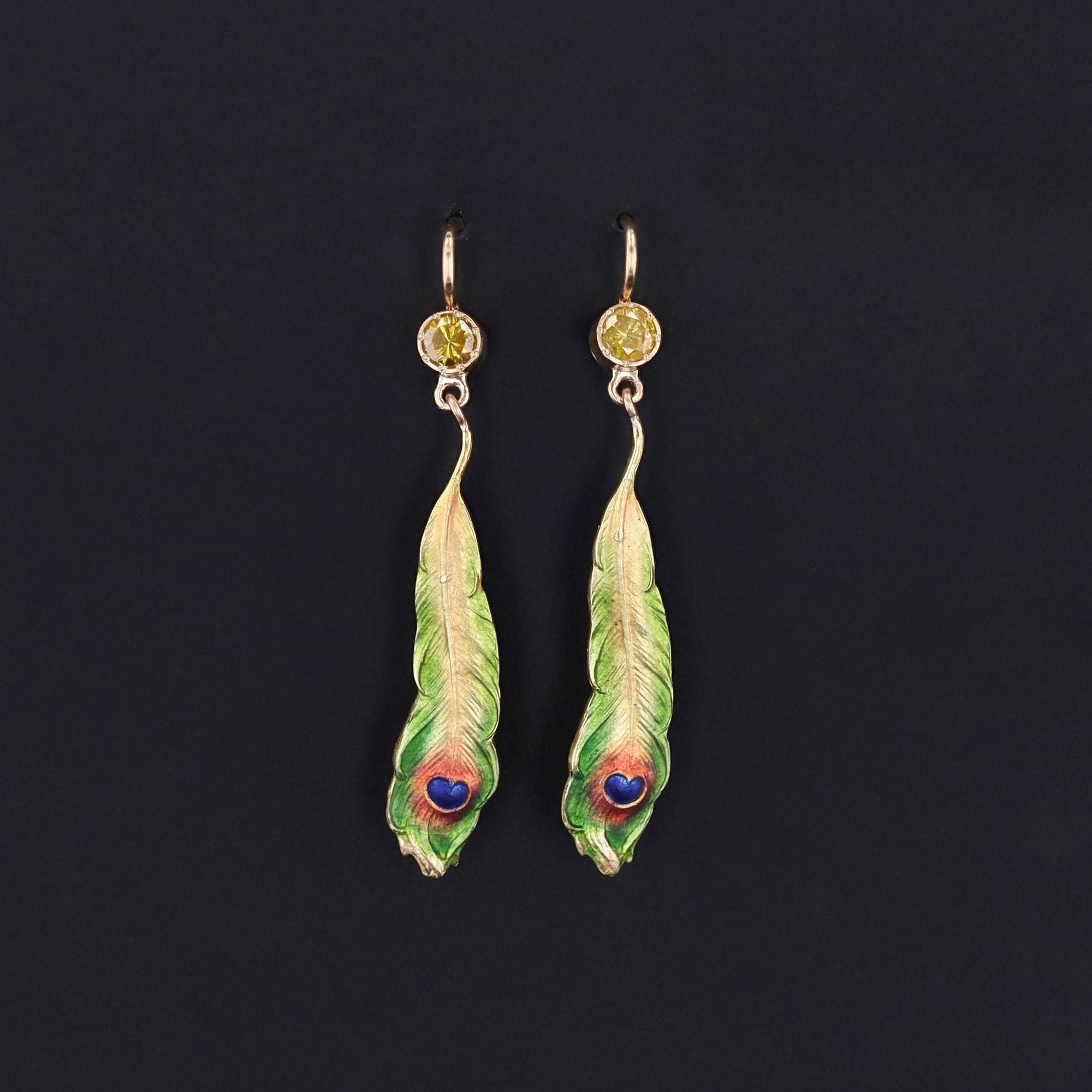 Antique Enamel and Yellow Diamond Peacock Feather Conversion Earrings 14k Gold
