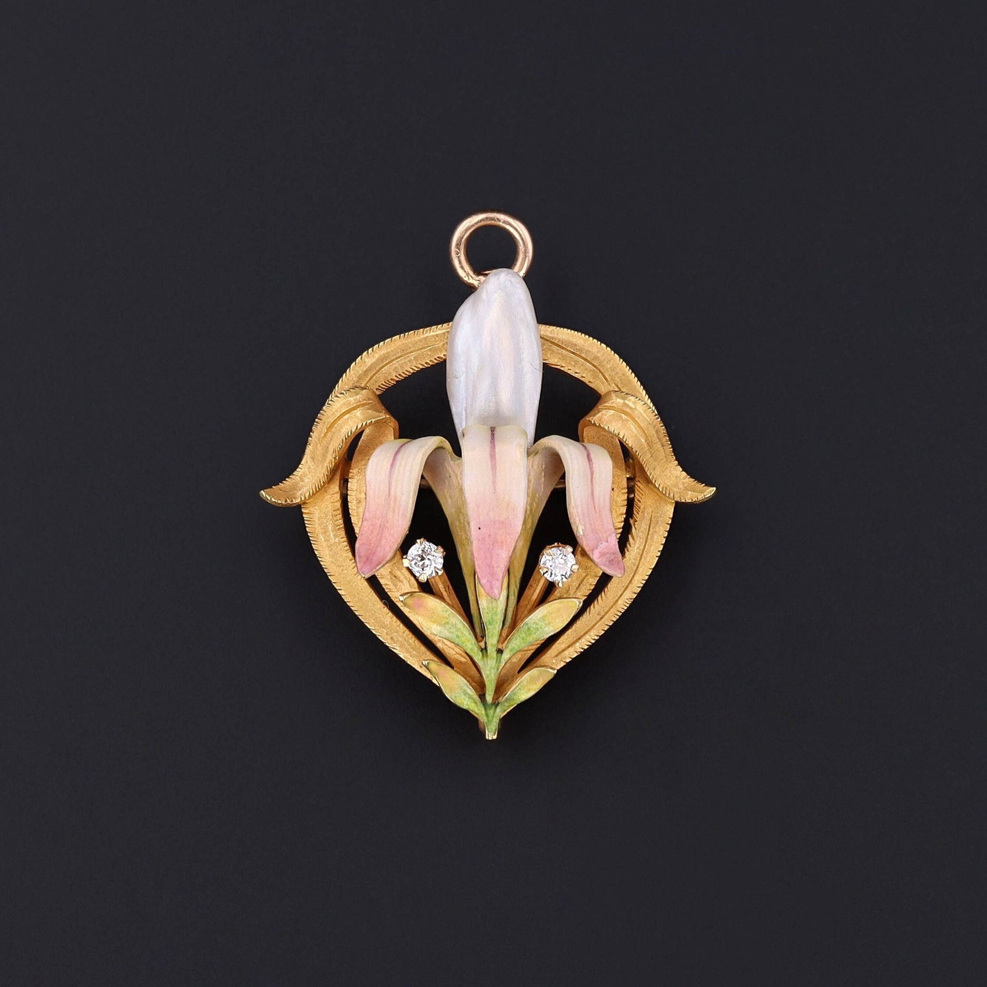 Art Nouveau Enamel Flower Pendant Brooch by Krementz