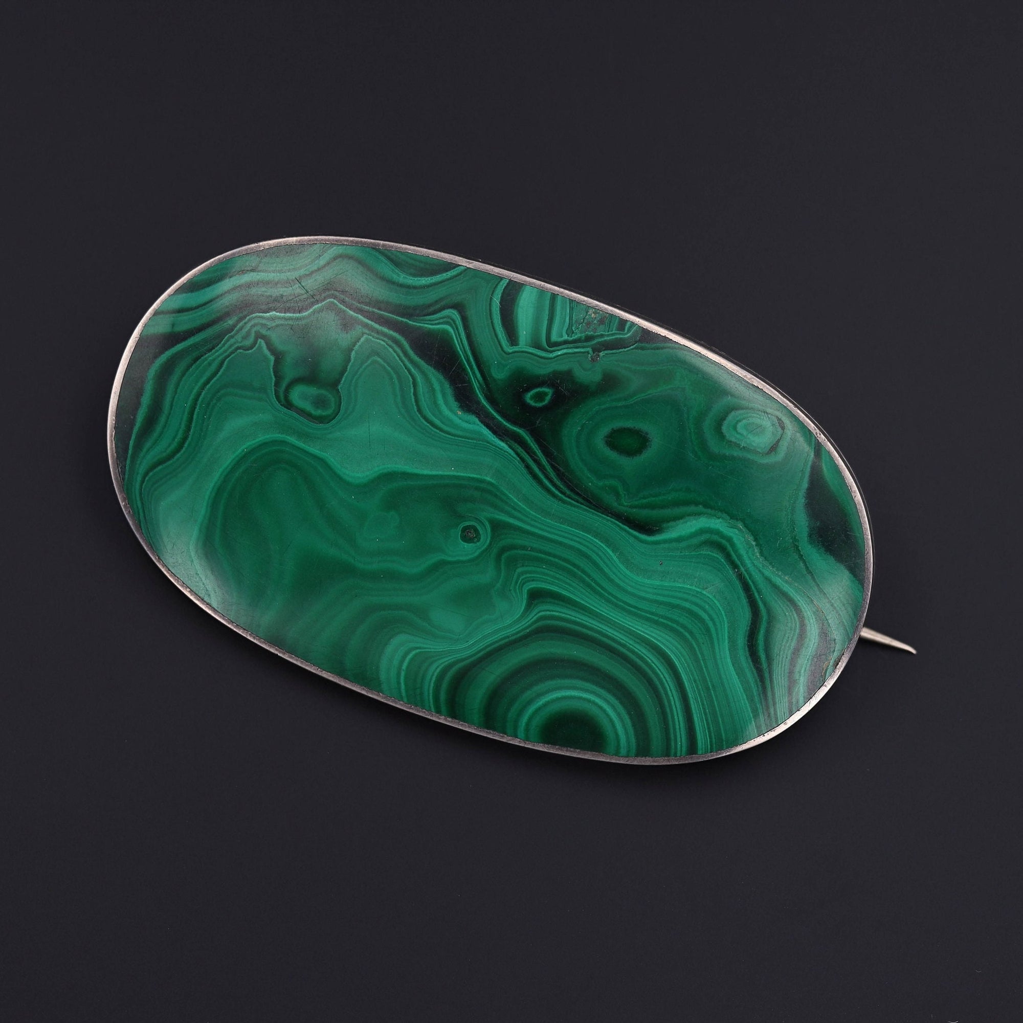 Antique Large Malachite Brooch in Silver