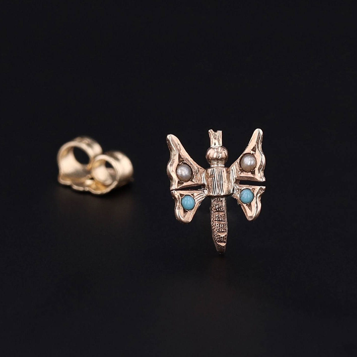 Antique Turquoise and Pearl Single Stud Butterfly Earring