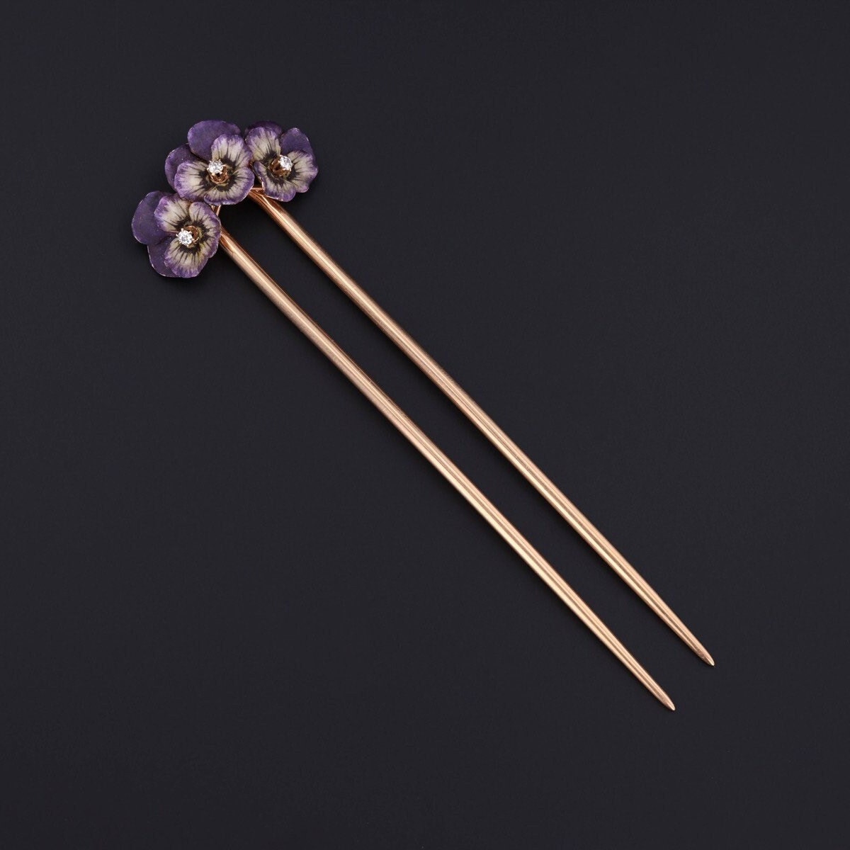 Antique Enamel and Diamond Pansy Hair Pin of 14k Gold