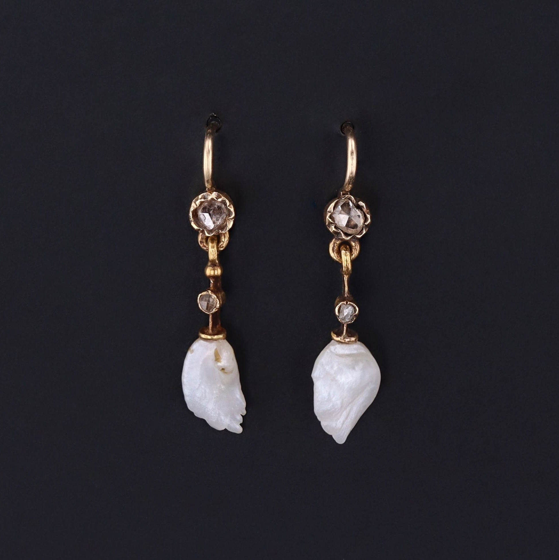 Antique Pearl and Diamond Conversion Earrings of 14k Gold