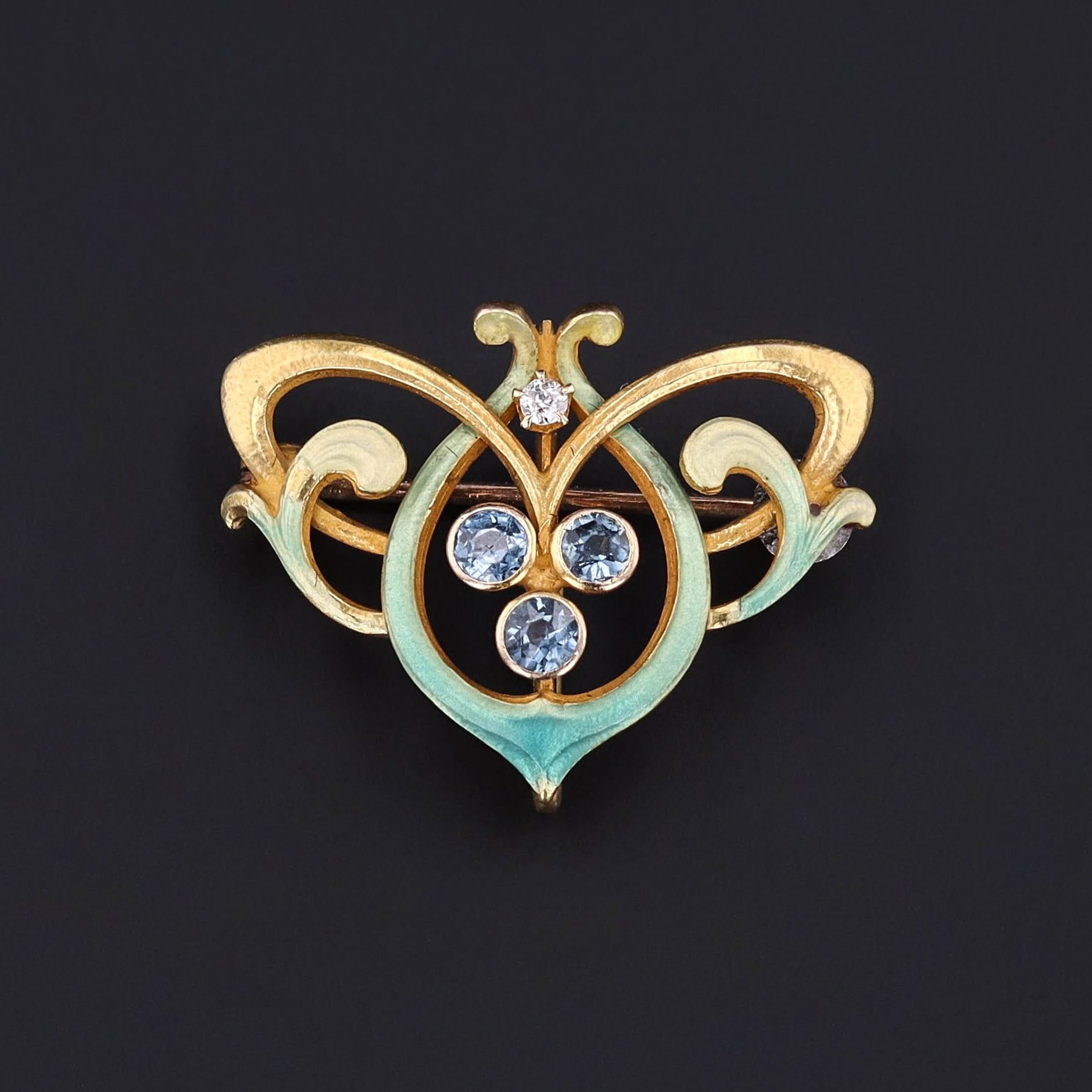 Antique Enamel and Sapphire Brooch of 14k Gold