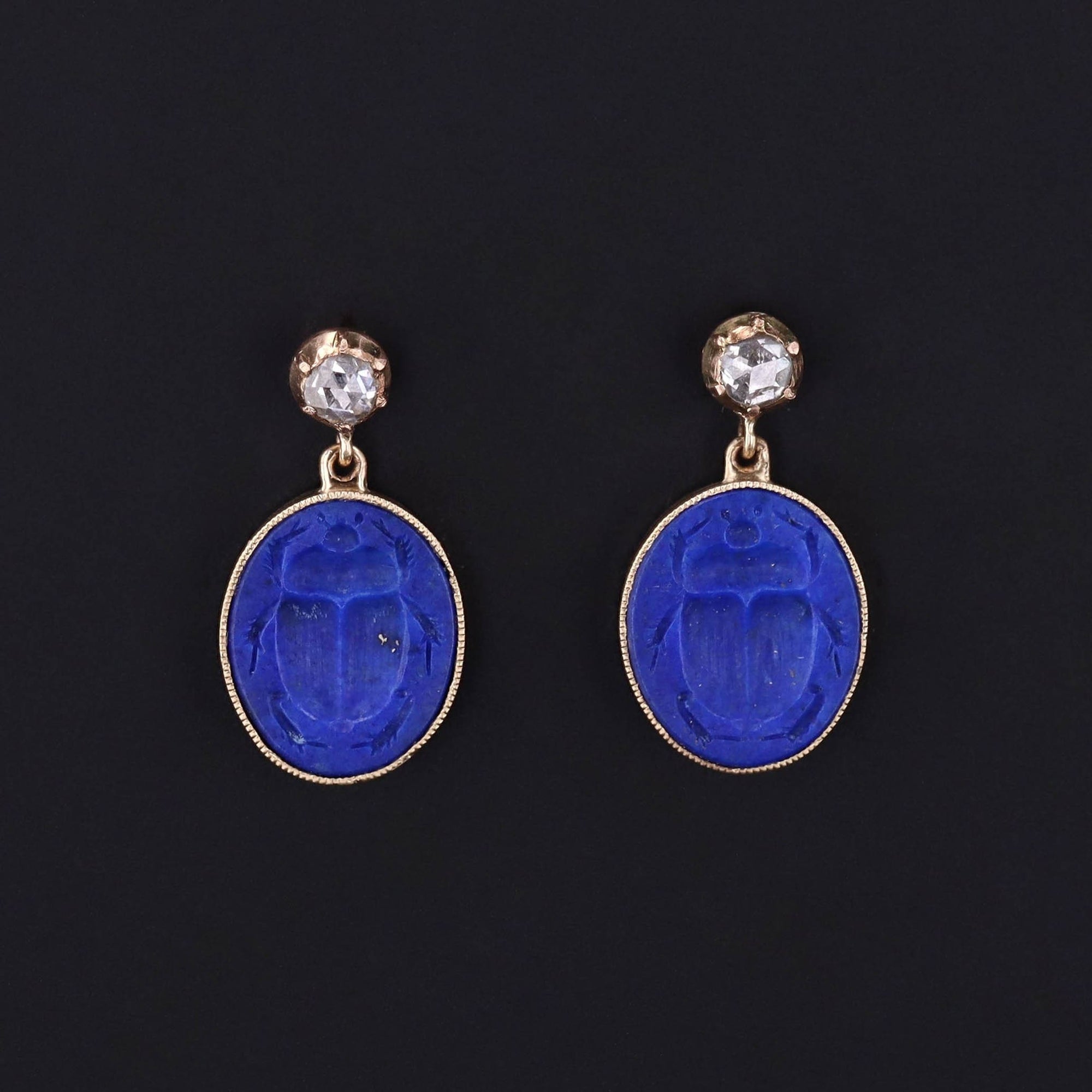 Lapis Lazuli Scarab Earrings with Diamonds in 14k Gold