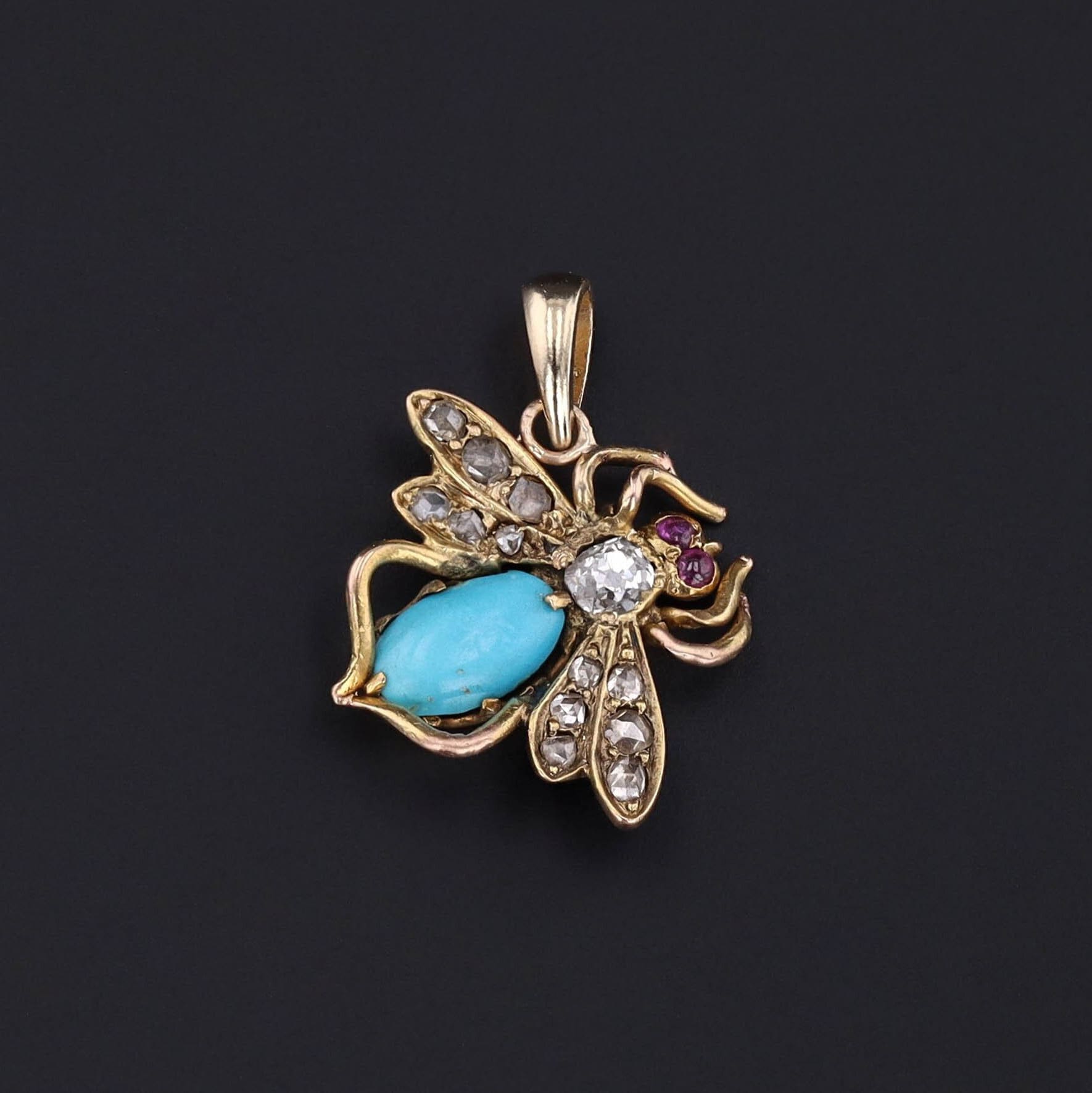 Antique Turquoise Insect Conversion Pendant of 14k Gold