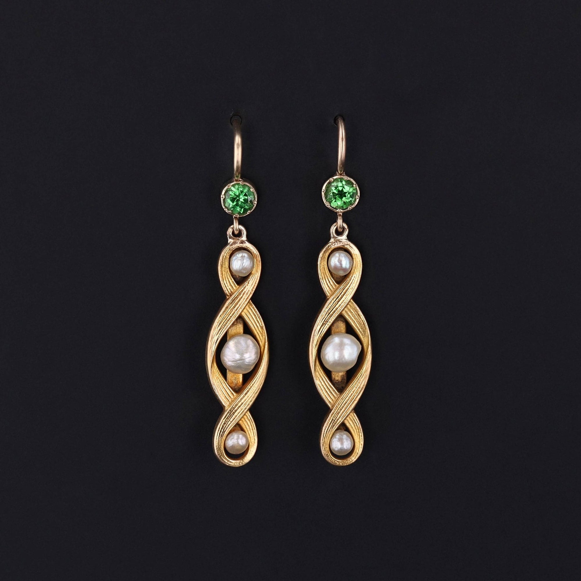Antique Pearl and Tsavorite Garnet Earrings of 14k Gold