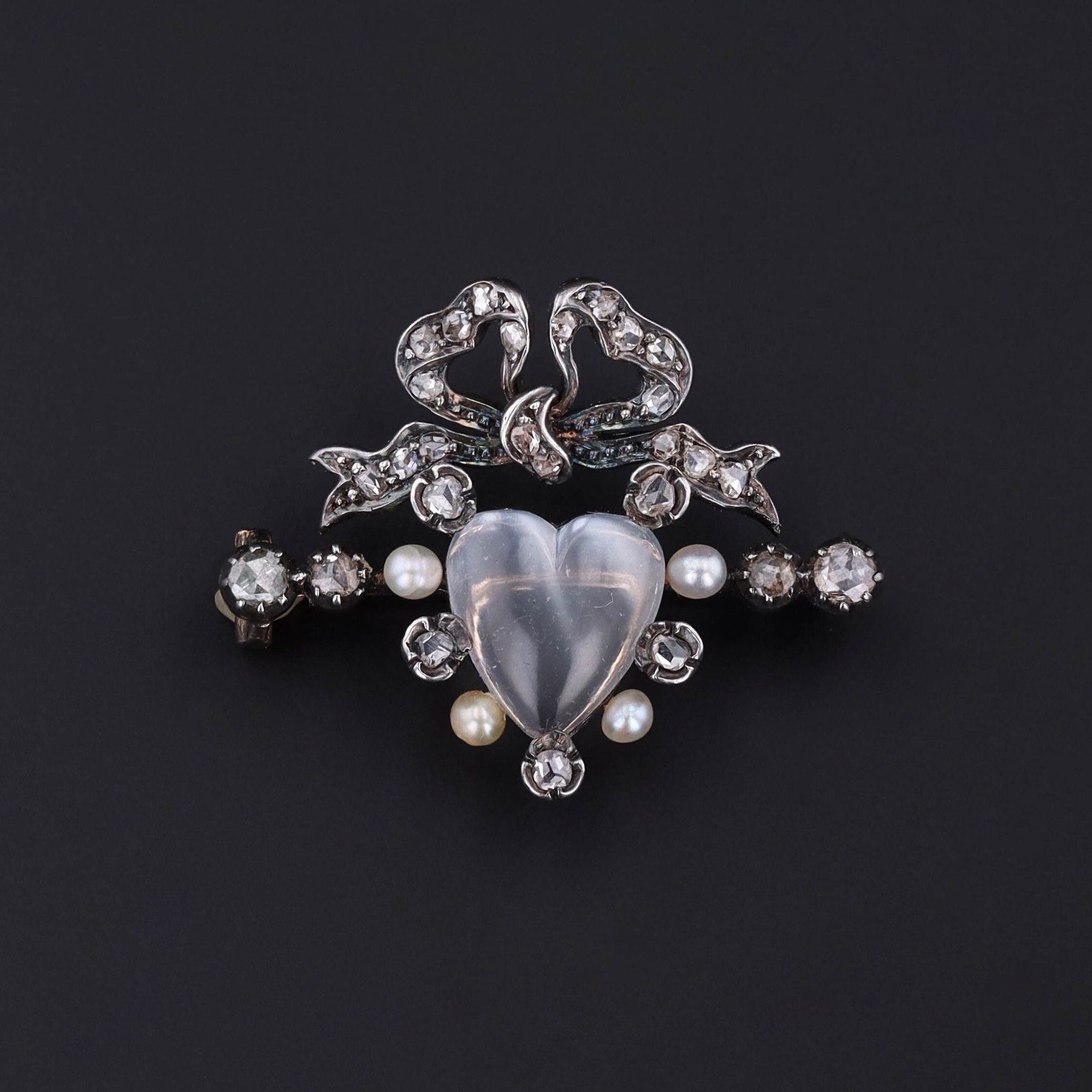 Victorian Diamond Pearl and Moonstone Heart Brooch