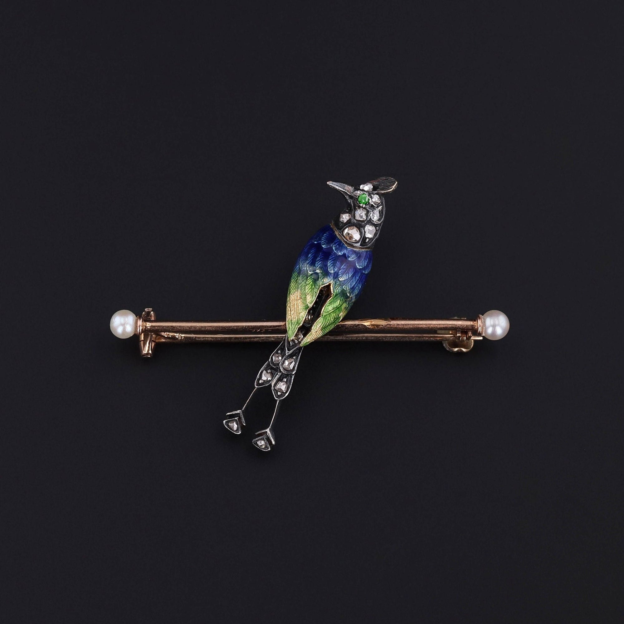 Antique Enamel Diamond & Pearl Bird Brooch