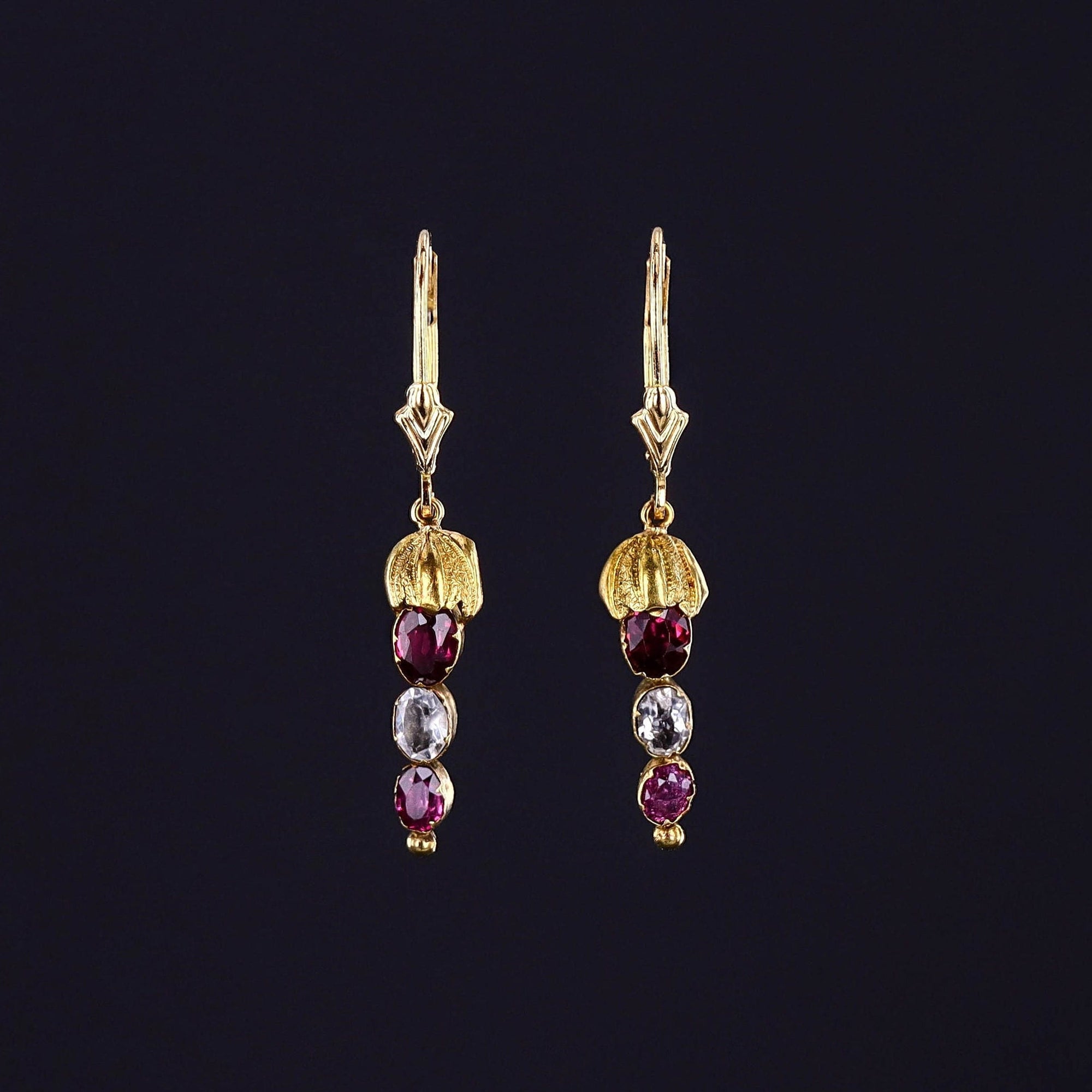 Antique Garnet and Rock Crystal Conversion Earrings of 14k Gold