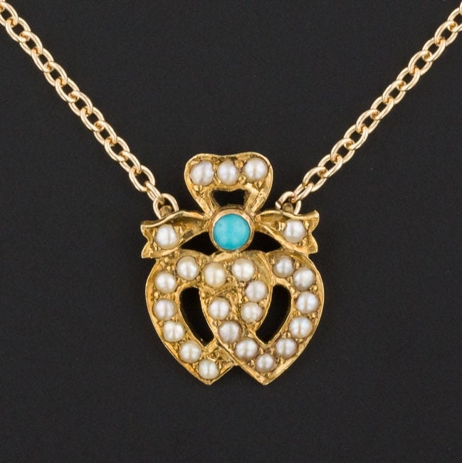 Antique Pearl Heart Conversion Necklace of 14k Gold
