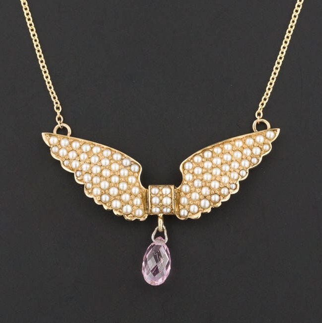 Antique Pearl Wings Conversion Necklace of 14k Gold