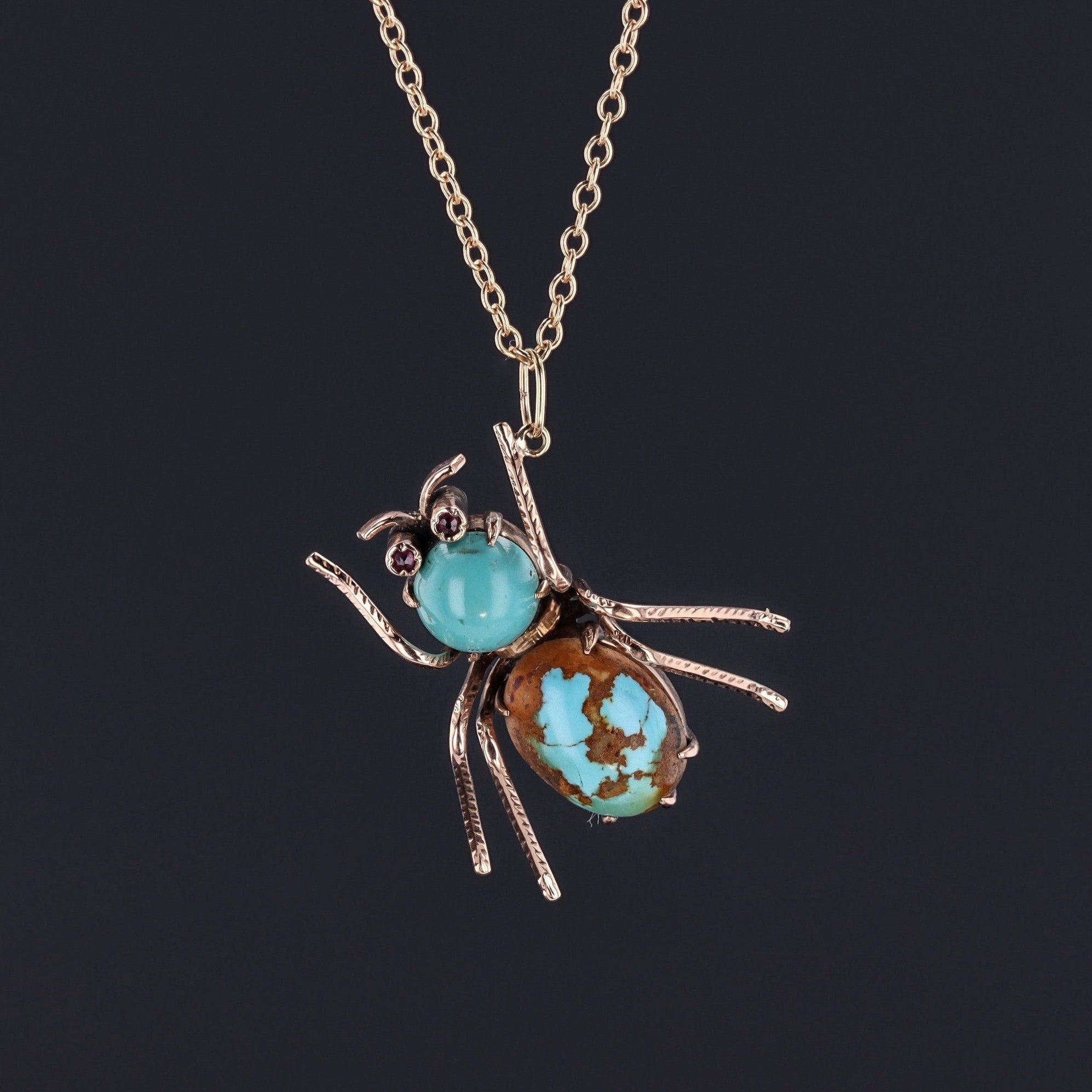 Vintage Turquoise Insect Conversion Pendant of 14k Gold