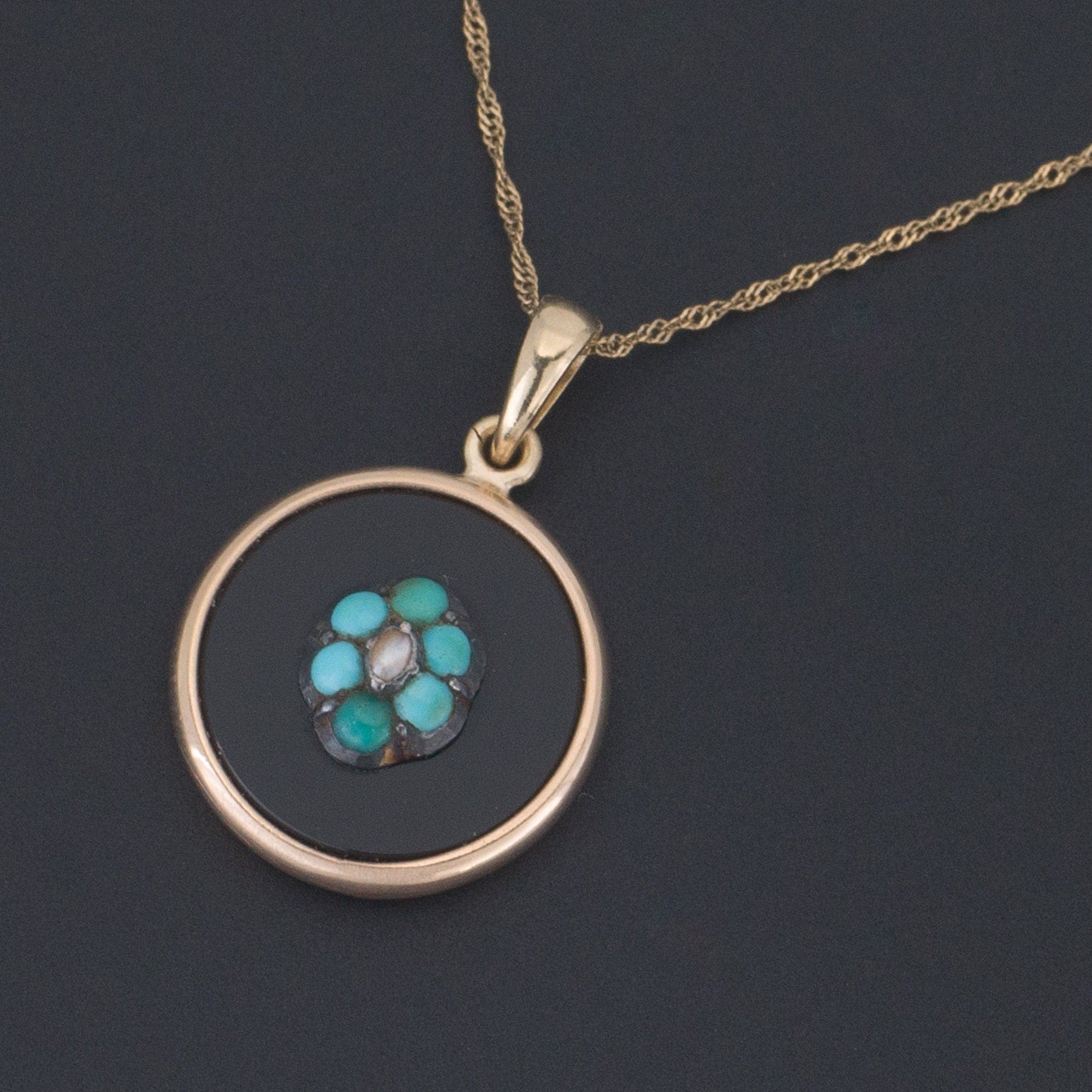 Antique Turquoise Forget Me Not Conversion Necklace of 14k Gold