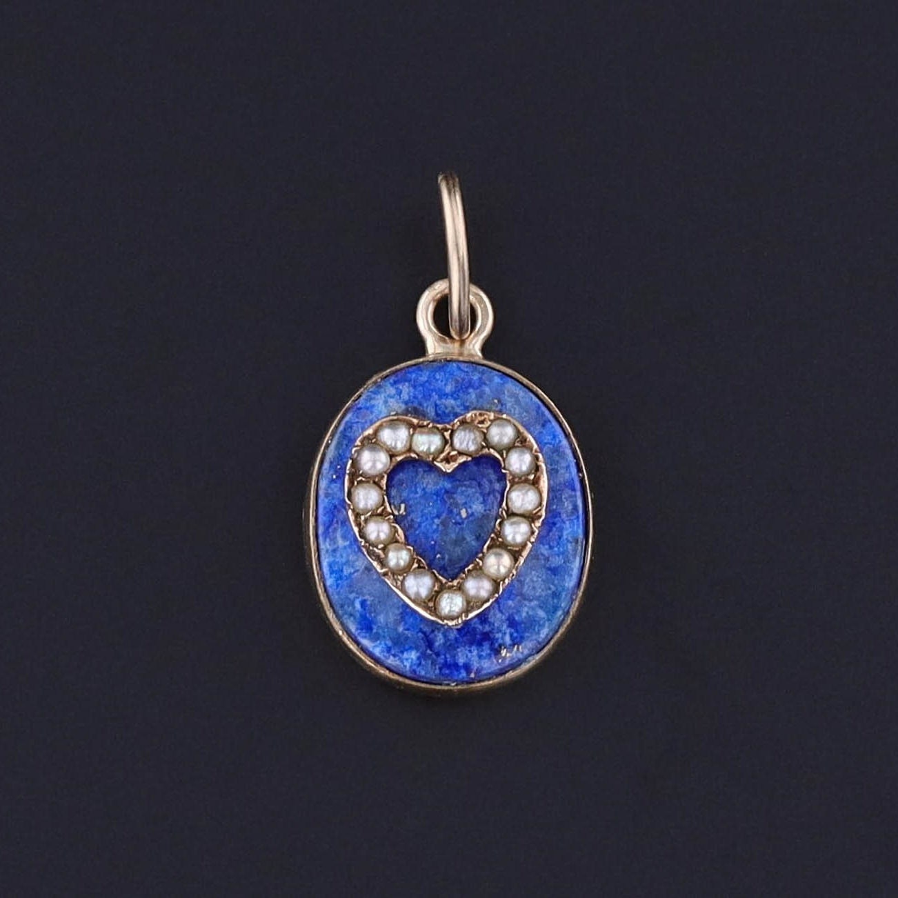 Antique Lapis and Pearl Heart Conversion Charm of 14k Gold