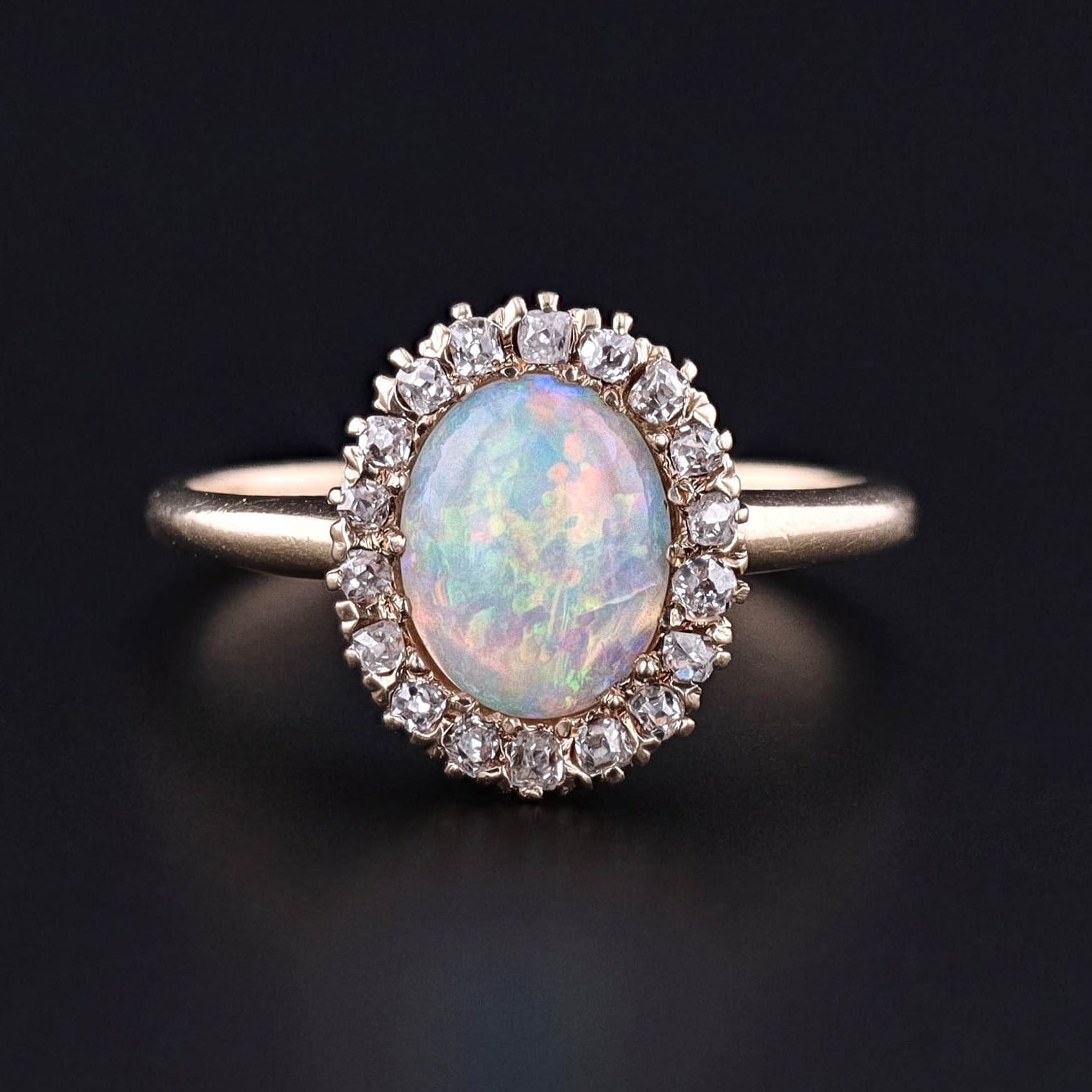 Antique Opal and Diamond Halo Ring of 14k Gold