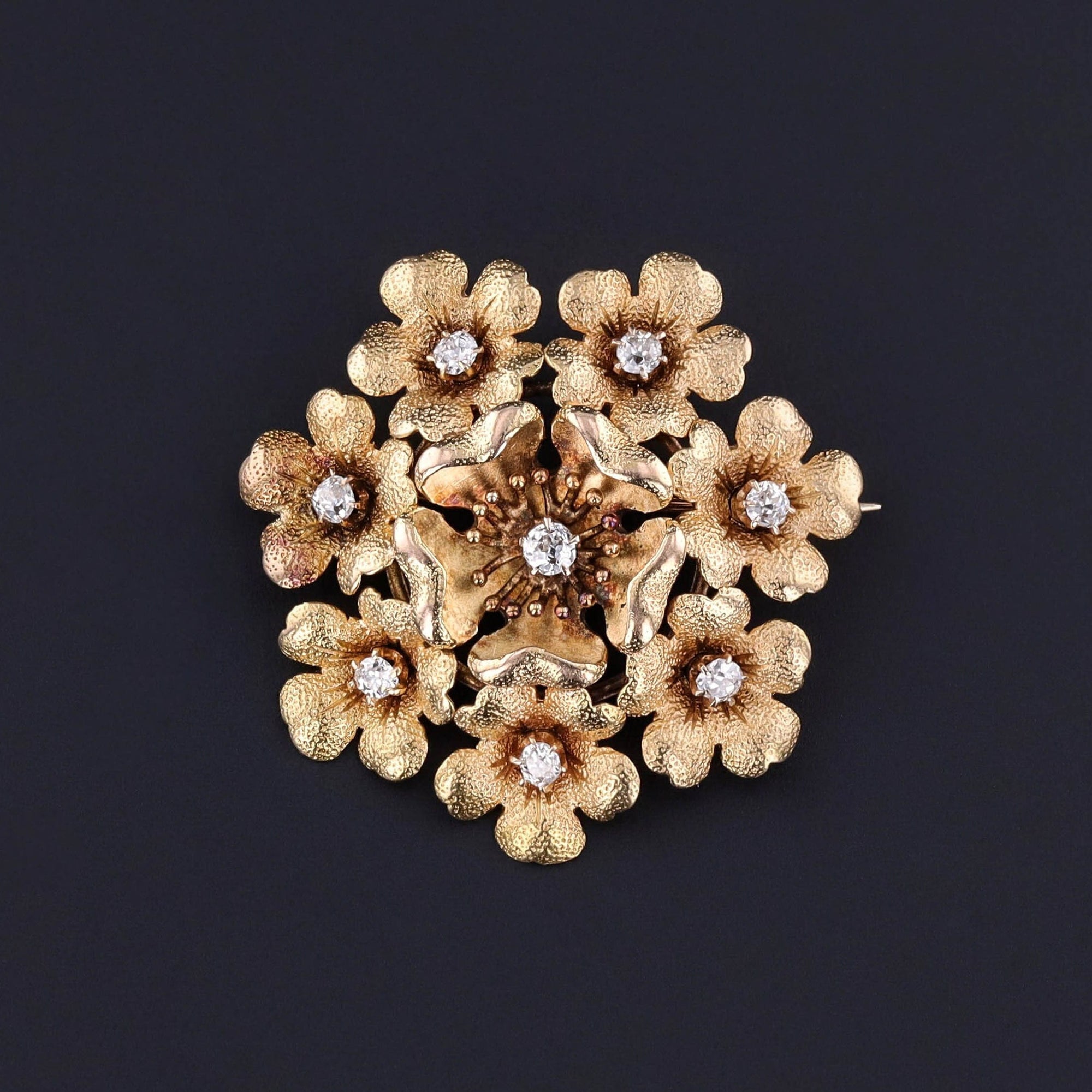 Antique Diamond Flower Brooch of 14k Gold