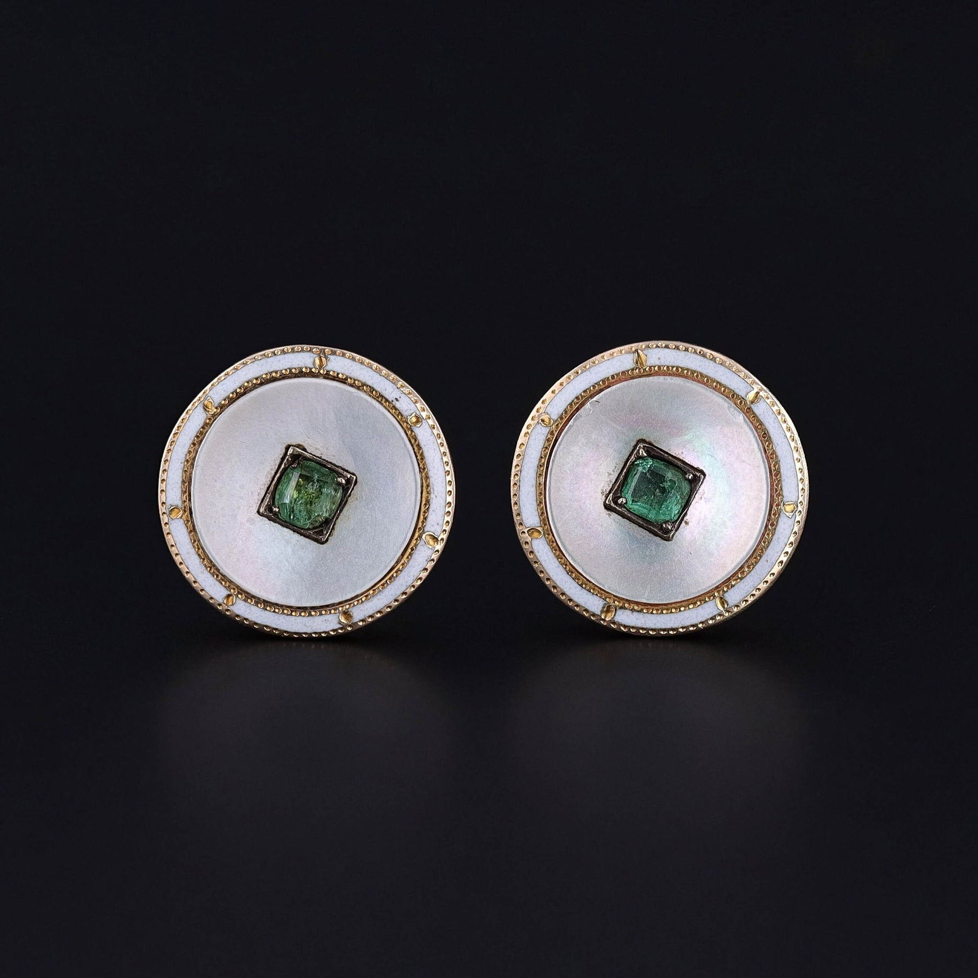 Antique Mother of Pearl, Emerald, & Enamel Earrings