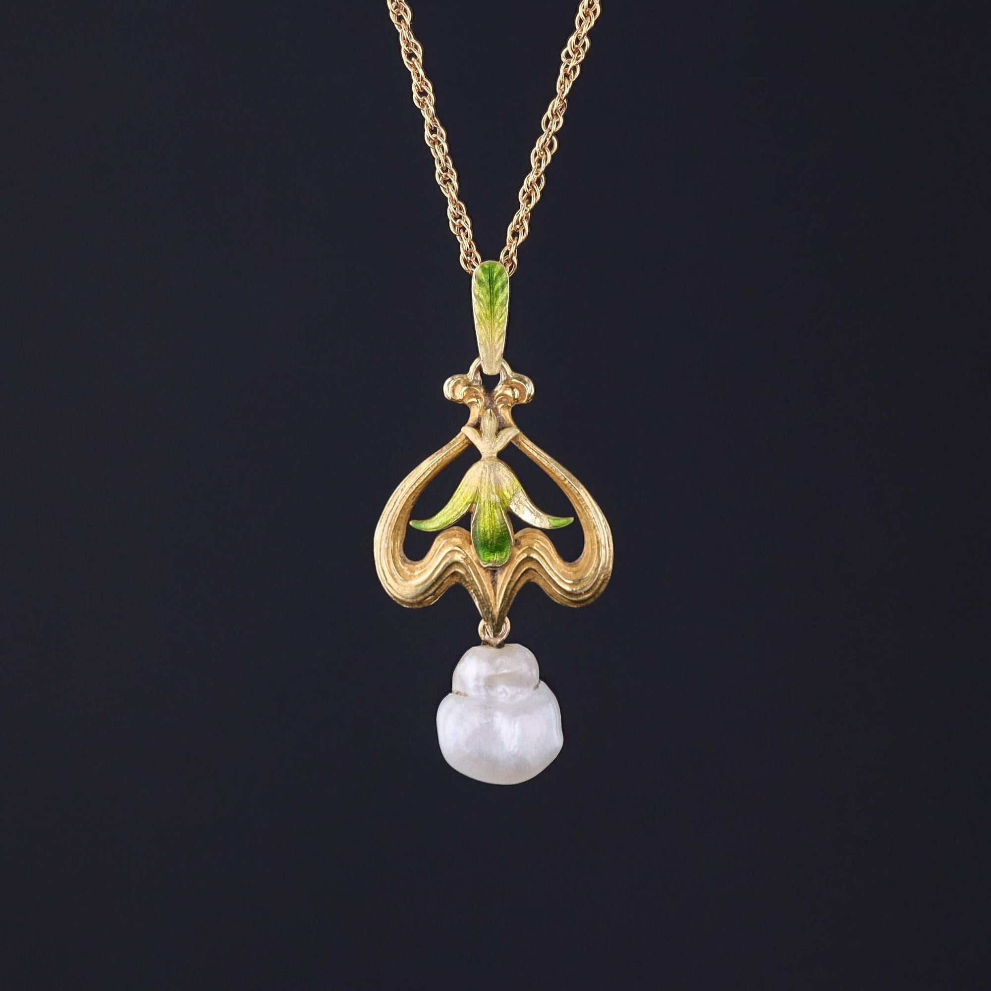Antique Enamel and Pearl Pendant of 14k Gold
