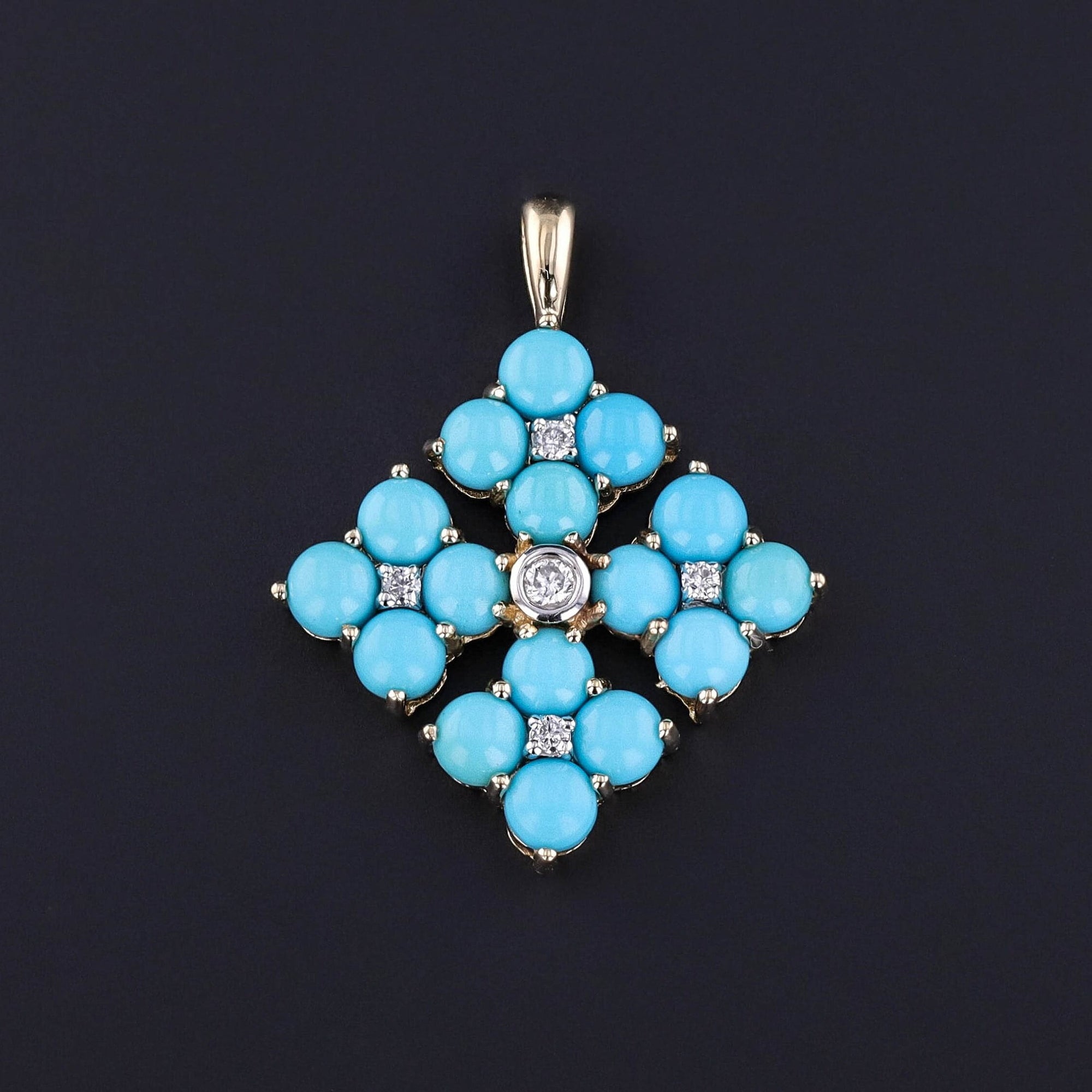 Vintage Turquoise and Diamond Pendant of 14k Gold