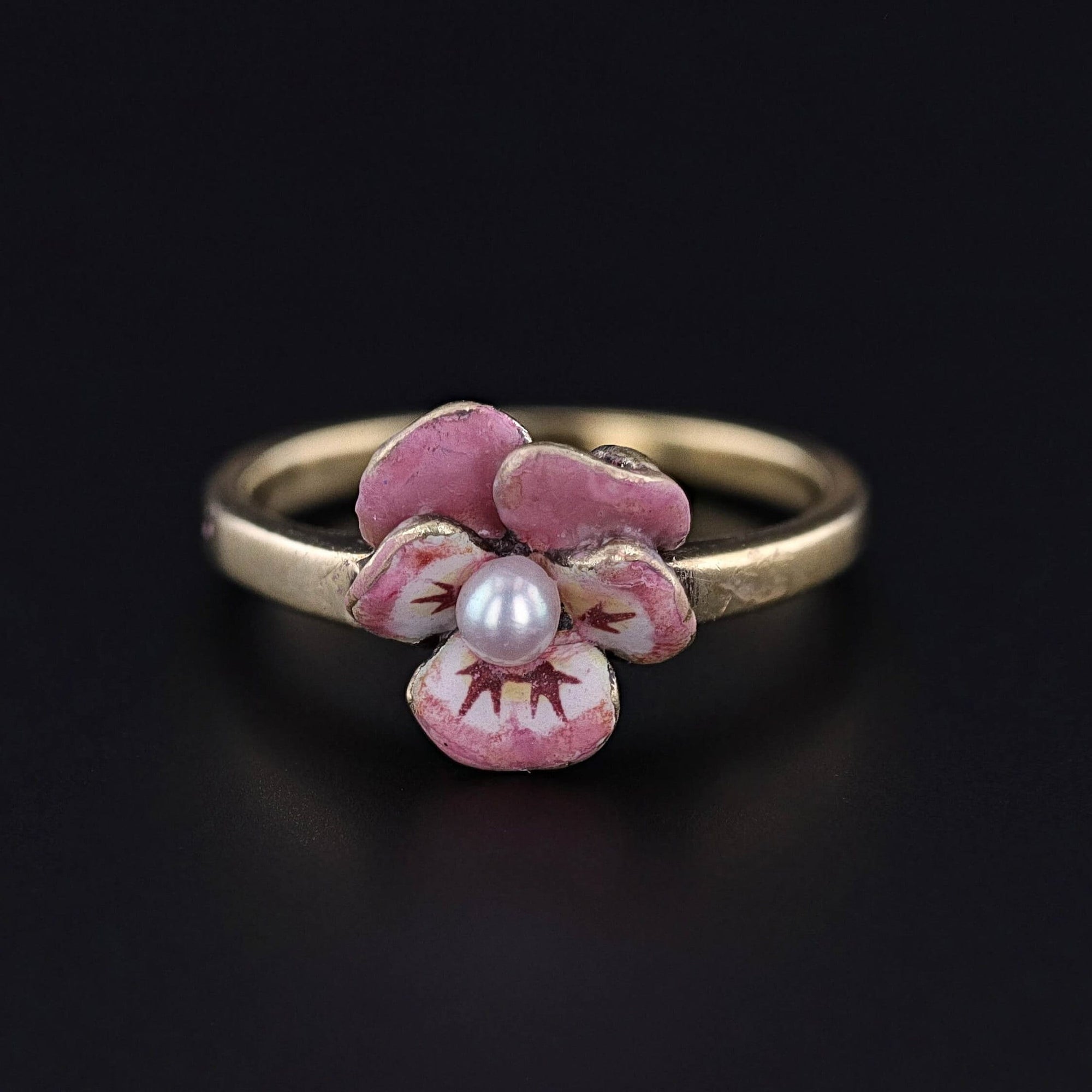 Vintage Pink Enamel Pansy Ring of 14k Gold
