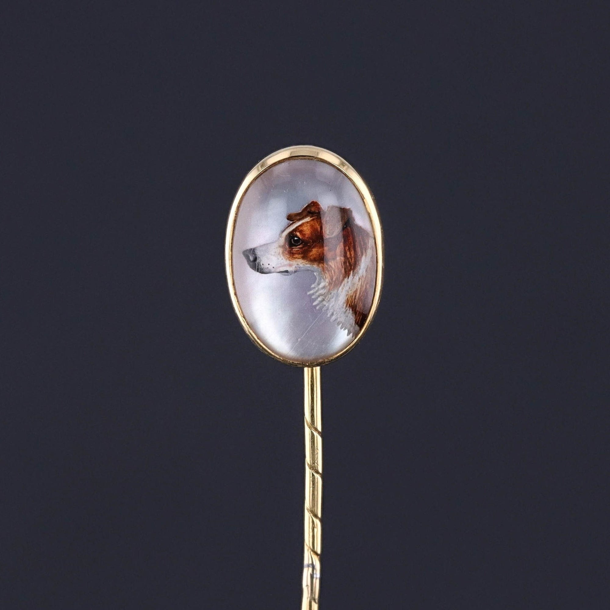 Antique Dog Stickpin: This antique stickpin dates to the early 1920s and features a beautiful reverse carved and hand painted crystal of a dog&#39;s profile. Perfect for any gentleman or lover of antique jewelry.