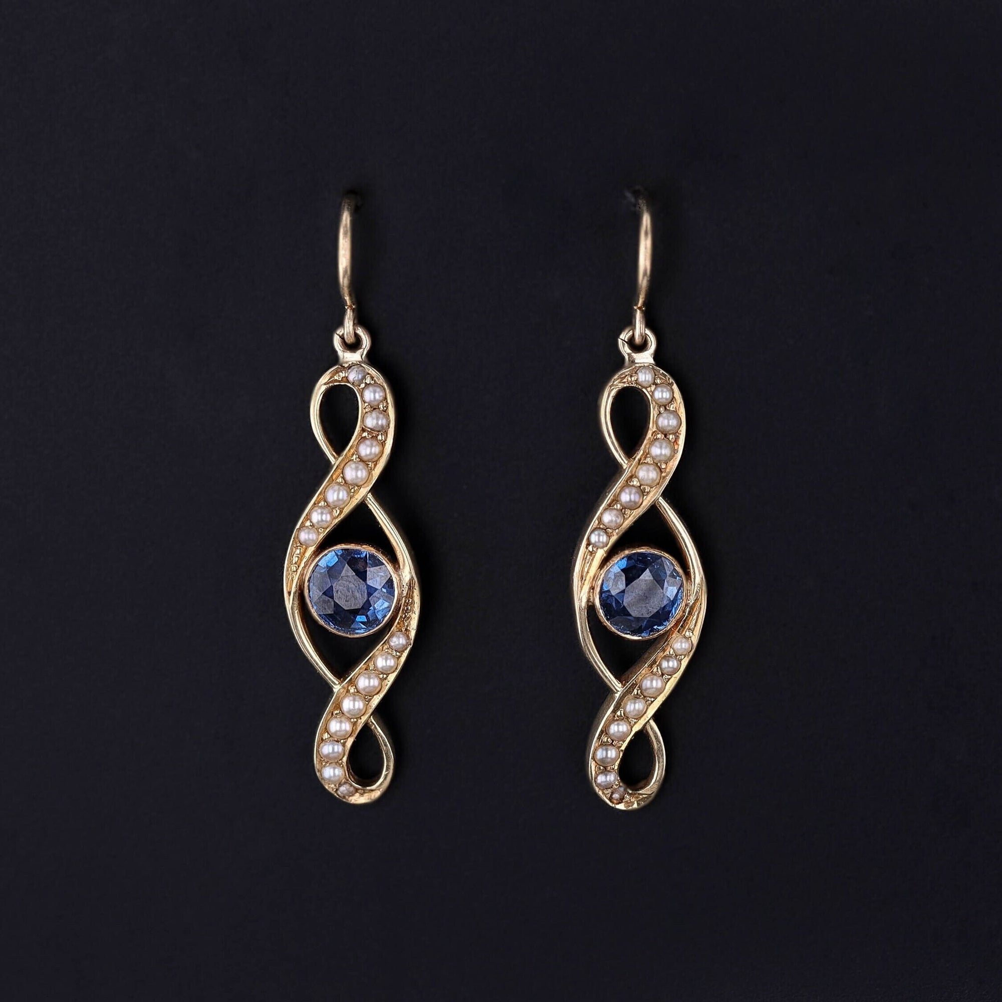 Antique Sapphire and Pearl Earrings of 14k Gold