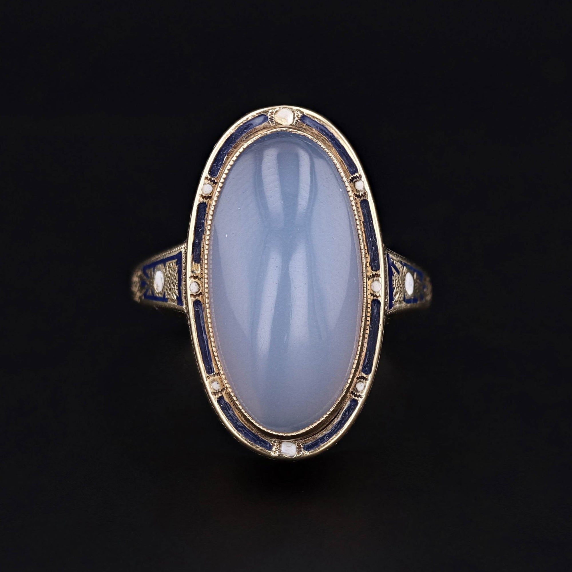 Antique Chalcedony and Enamel Ring of 14k Gold