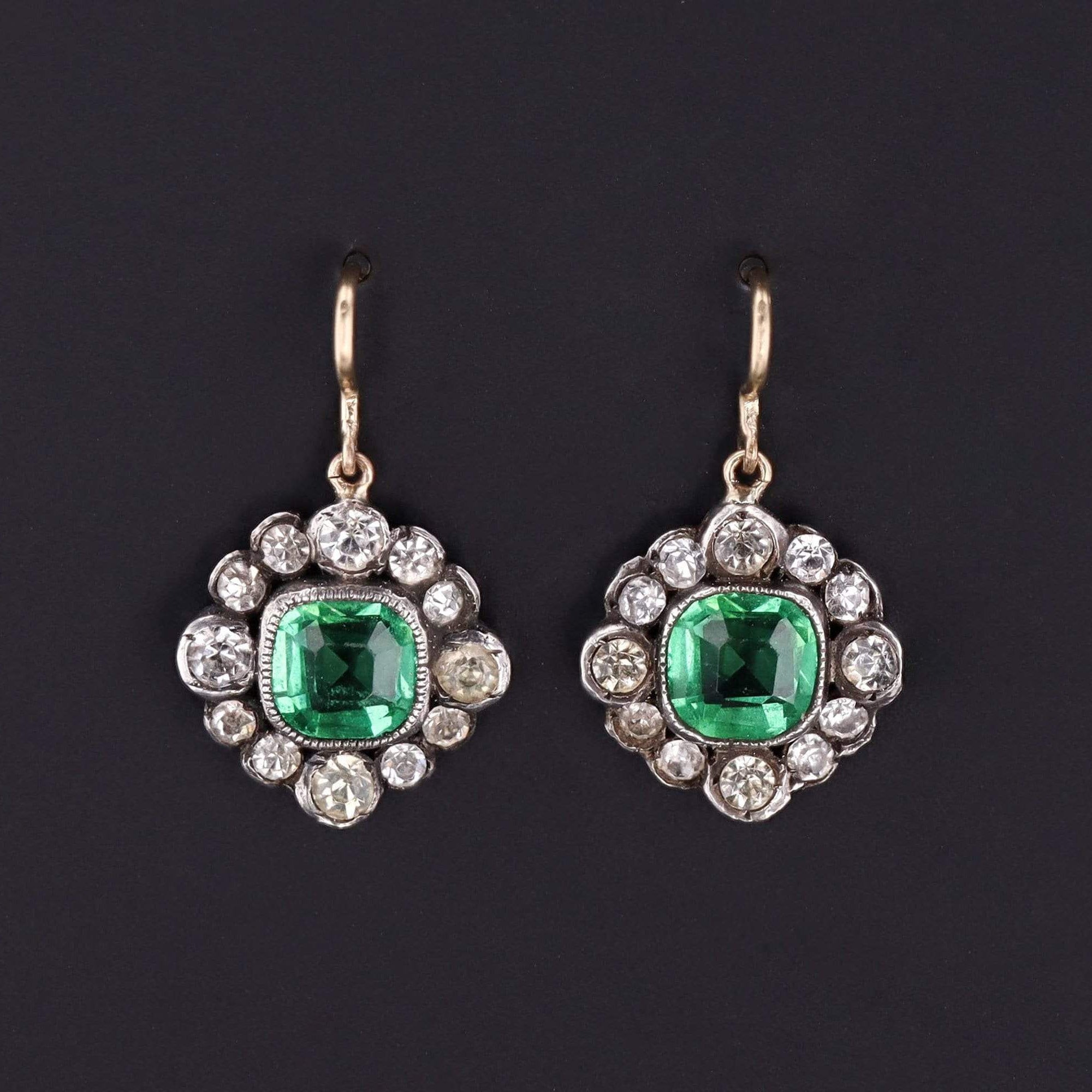 Antique Green and Clear Paste Earrings | 14k Gold & Silver Earrings 