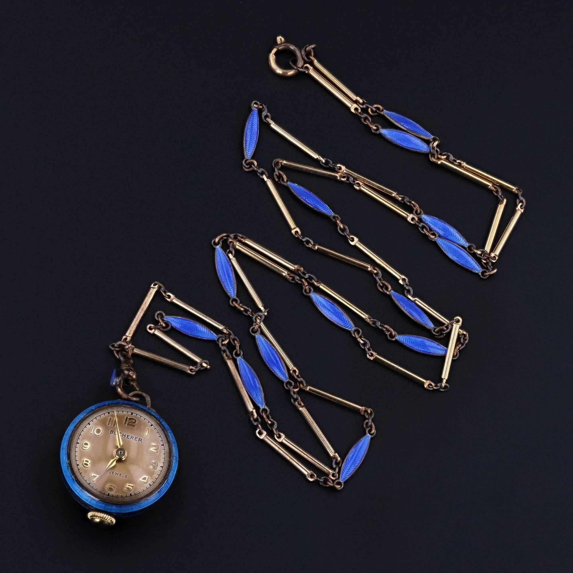 Sterling Silver Bucherer Pendant Watch on Blue Enamel Chain | Vintage Pendant Ball Watch 